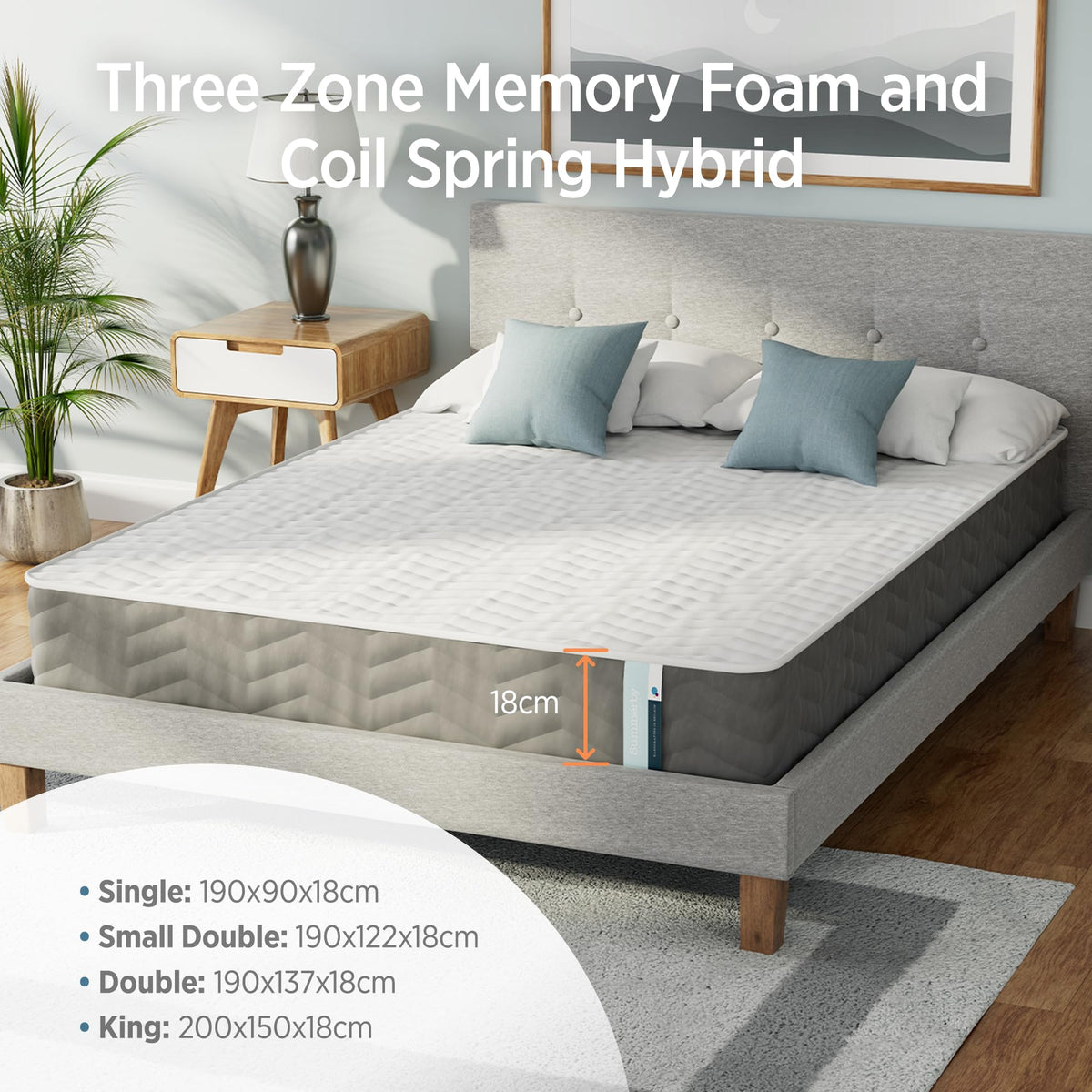Summerby Sleep Three Zone King Mattress Memory Foam & Coil Spring Hybrid Mattress, 150cm x 200cm, Comfy & Affordable, Orthopaedic for King Bed