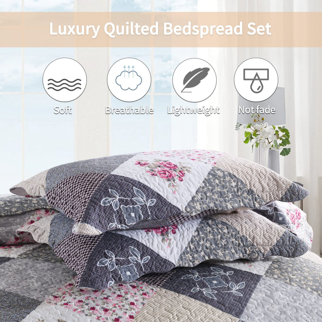 Qucover Super King Patchwork Quilt Set – Reversible Floral Microfiber