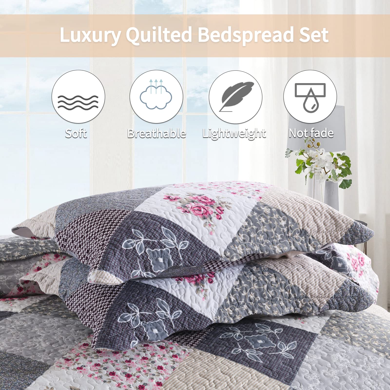 Qucover Super King Patchwork Quilt Set – Reversible Floral Microfiber