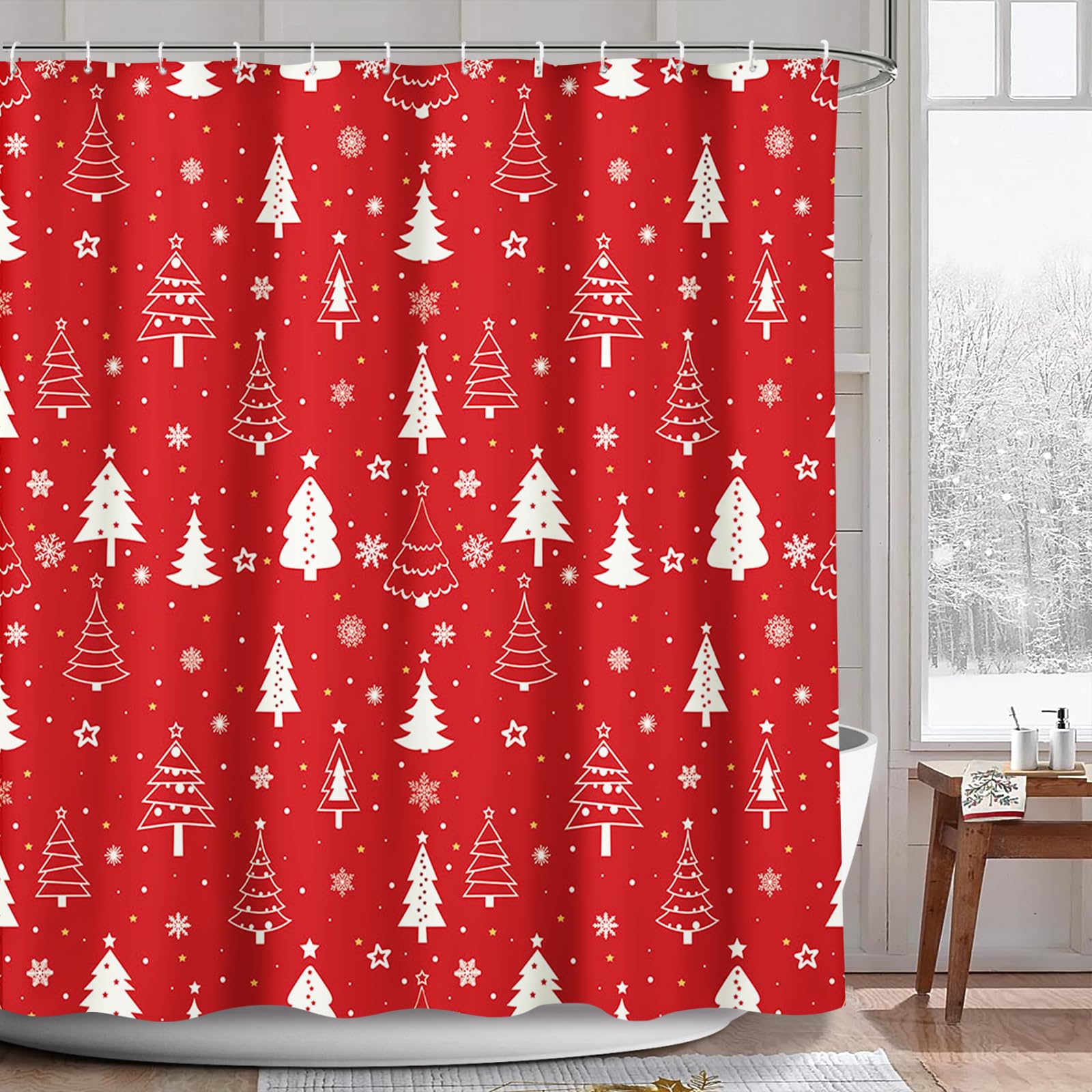 AIBIIN Christmas Shower Curtain | Red Xmas Tree & Snowflakes | 180x180cm