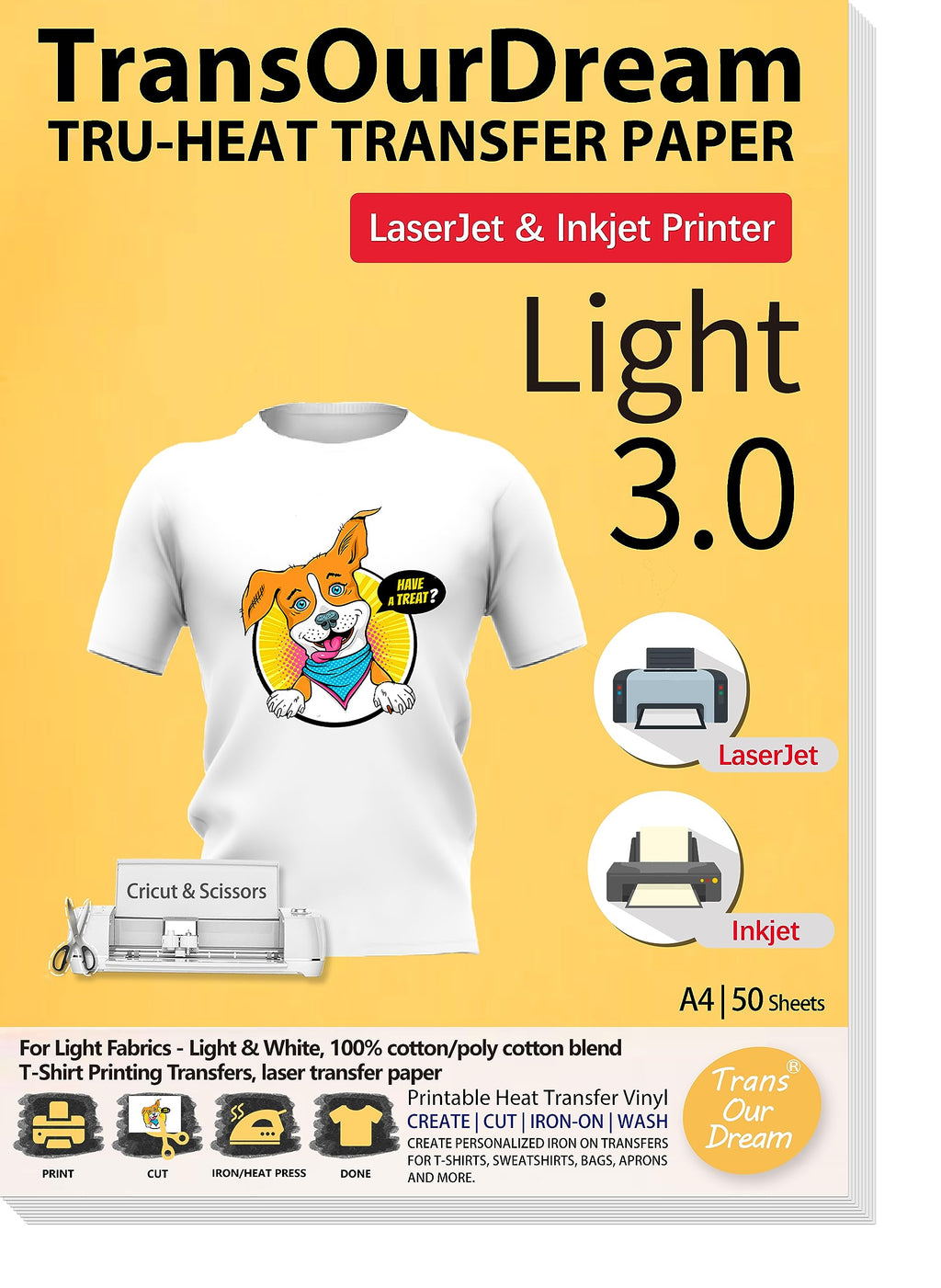 TransOurDream Tru-Light T-Shirt Transfer Paper | 50 Sheets A4 for Inkjet & Laser