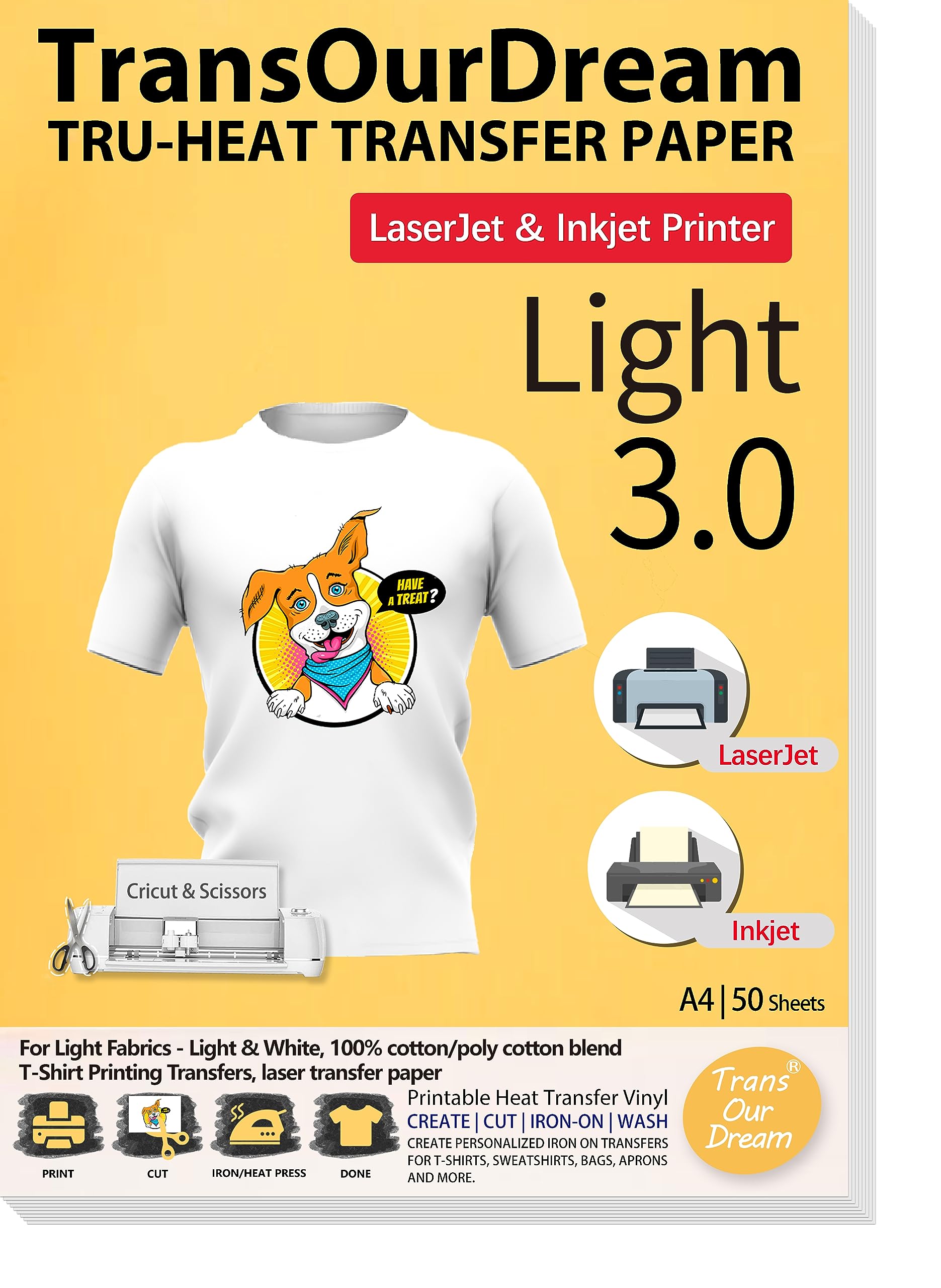 TransOurDream Tru-Light T-Shirt Transfer Paper | 50 Sheets A4 for Inkjet & Laser