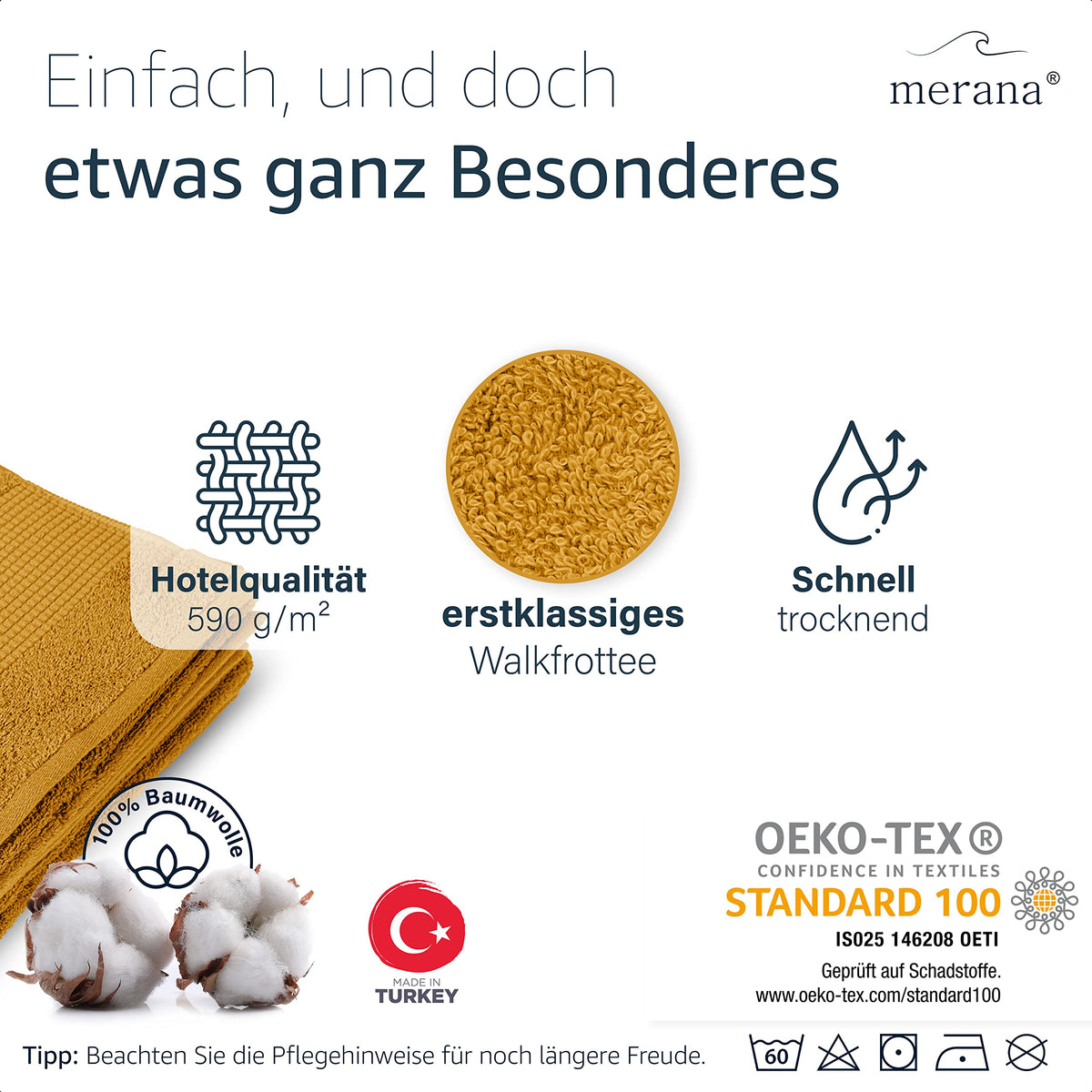 Merana Hand Towel Set, Absorbent, Soft and Lint Terry Towel Quality Made of Heavy Organic Cotton 590 GSM Mango Gold, 2 x Bath Towels 70 x 140 cm - image 4