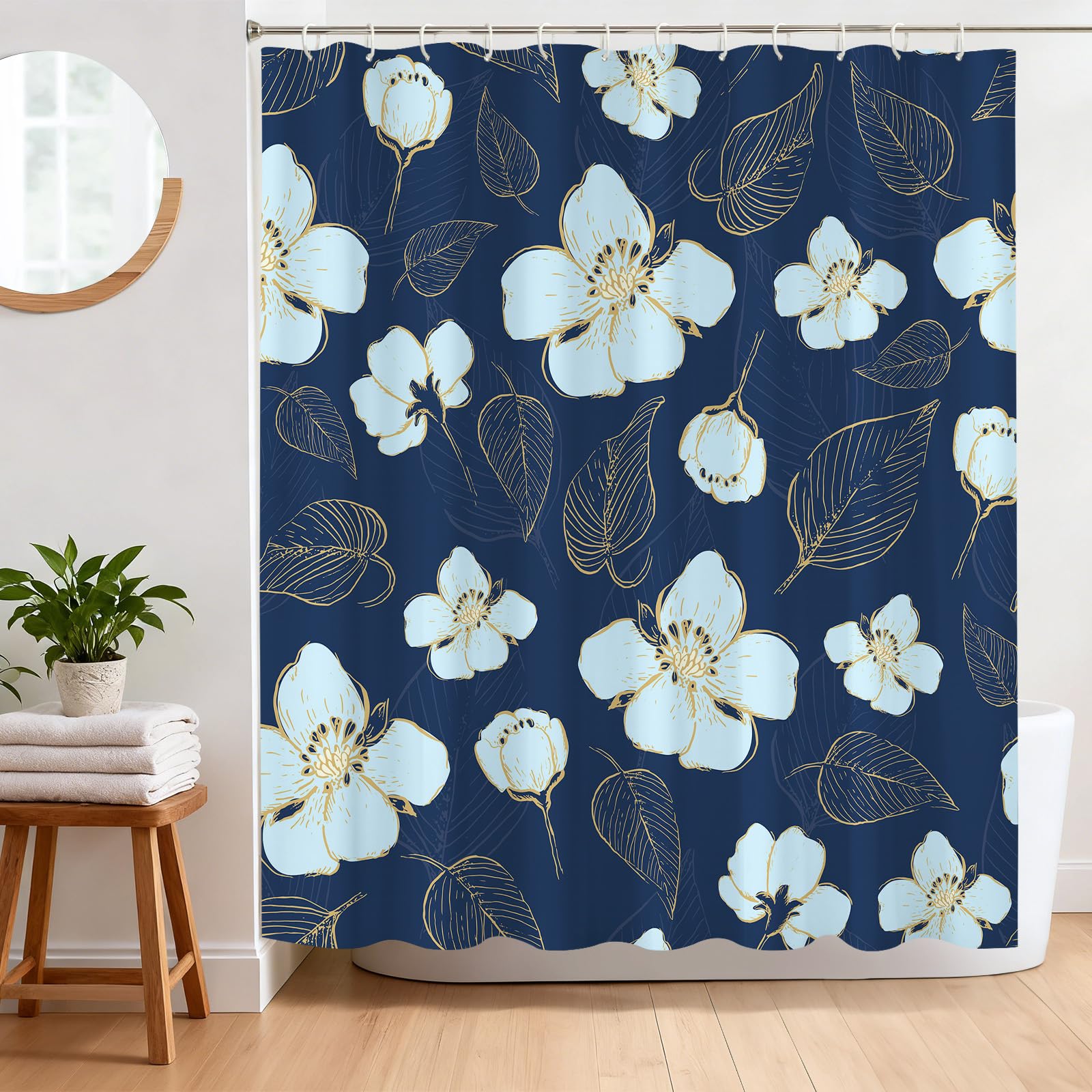 BREASOME Blue Floral Shower Curtain | Waterproof Polyester – 180x180cm