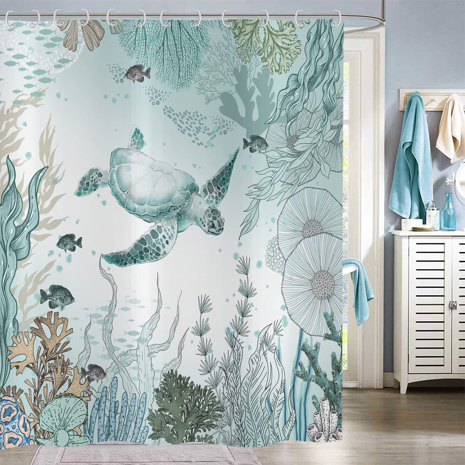 Hnmdmyi Sea Turtle Shower Curtain | Waterproof Nautical Ocean Decor