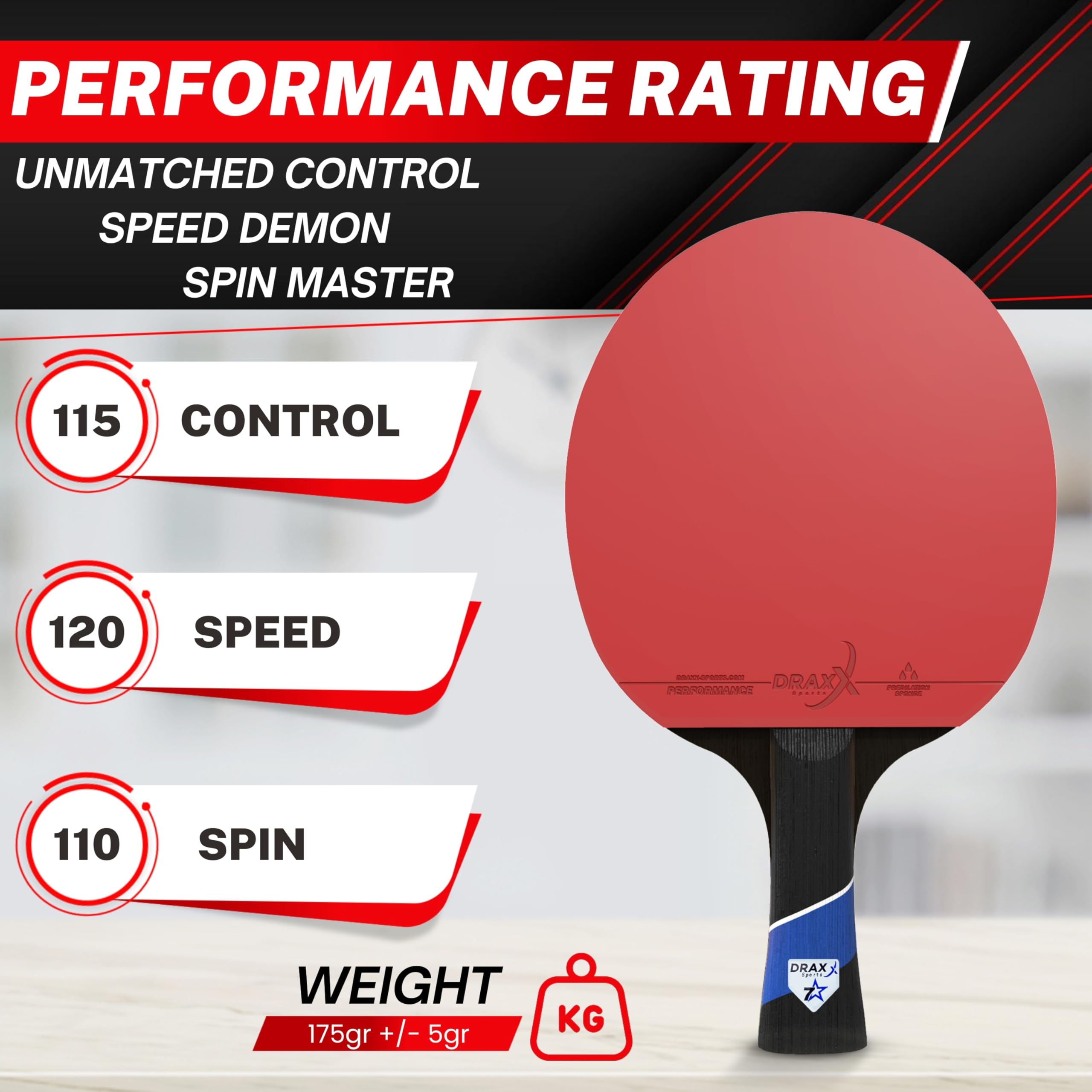 DRAXX Sports 7-Star Table Tennis Bat | Carbon Fiber Ping Pong Racket