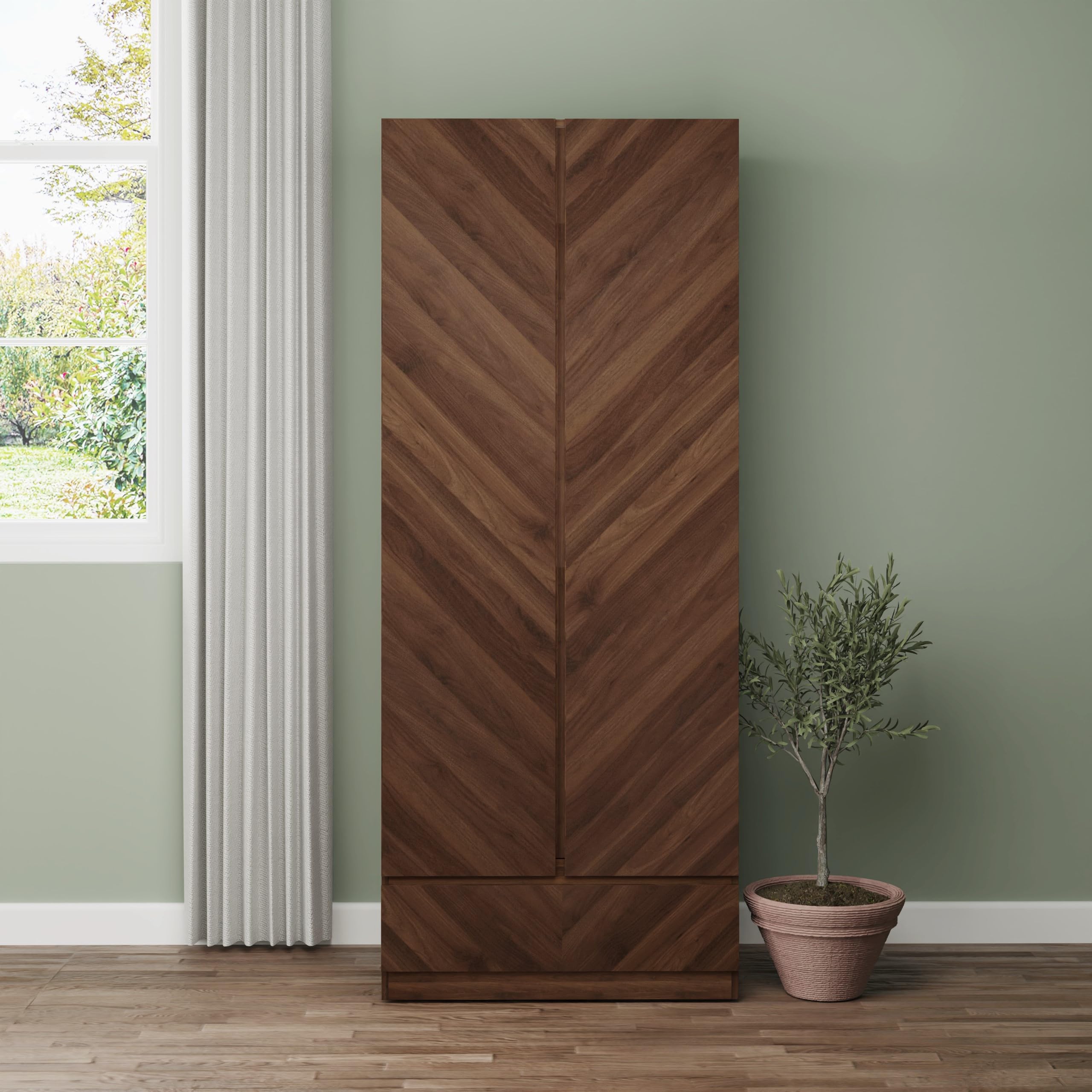 GFW Catania 2 Door Wooden Wardrobe with Drawer – Walnut Wood-Grain