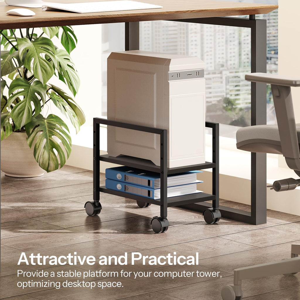 HOOBRO Computer Tower Stand, 2-Tier Computer Tower Cart, Printer Table, PC Stand Under Desk, Mobile Rolling Cart with Wheels, Height Adjustable