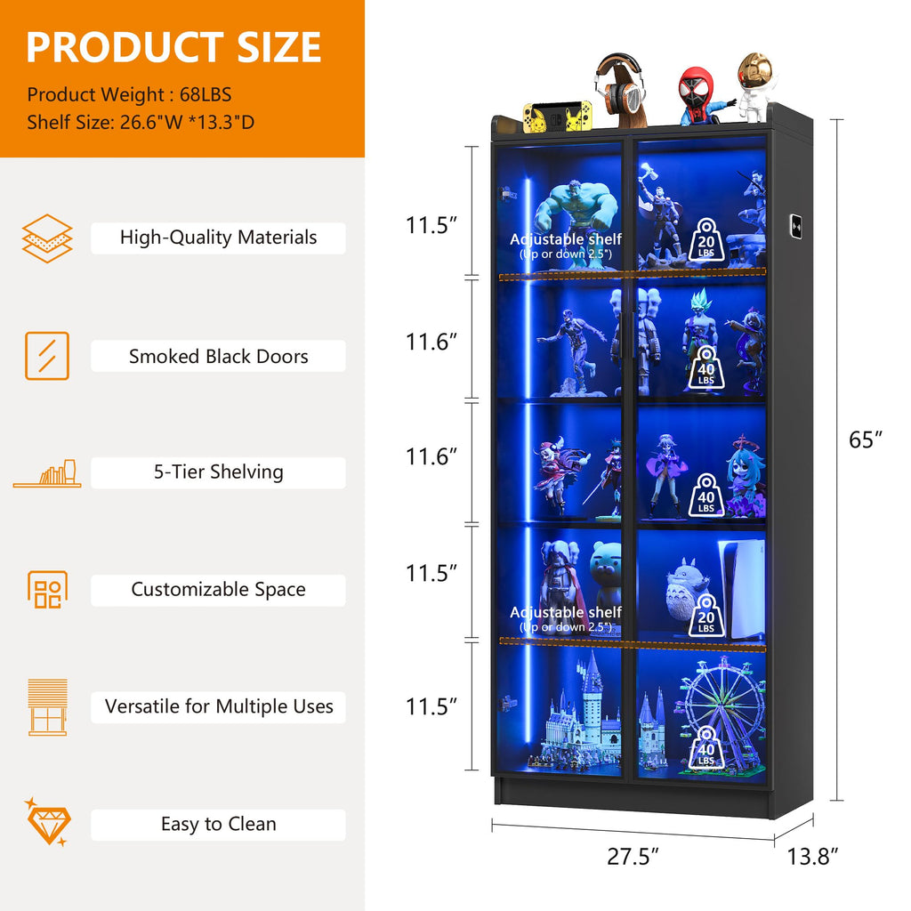 FREDEES LED Display Cabinet with 2 Doors and Adjustable Shelf, 165CM, Black - image 2