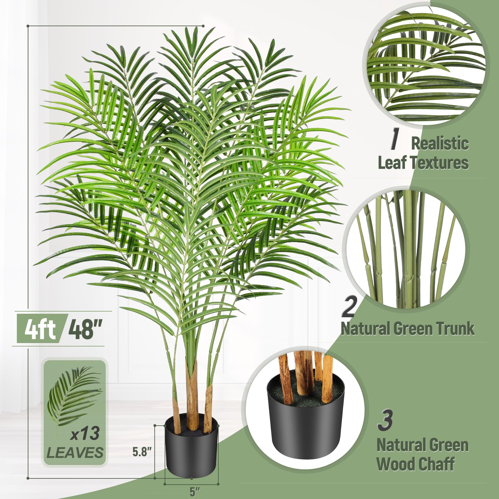 Keeplush 120cm Artificial Areca Palm Tree | Faux Silk Plant with Real Bark
