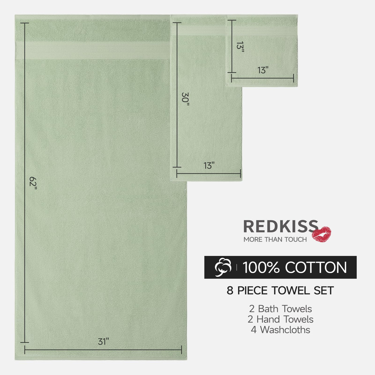 REDKISS 8 Piece Sage Green Towels Set with Hanging Loop-Quick Drying & Soft - image 2