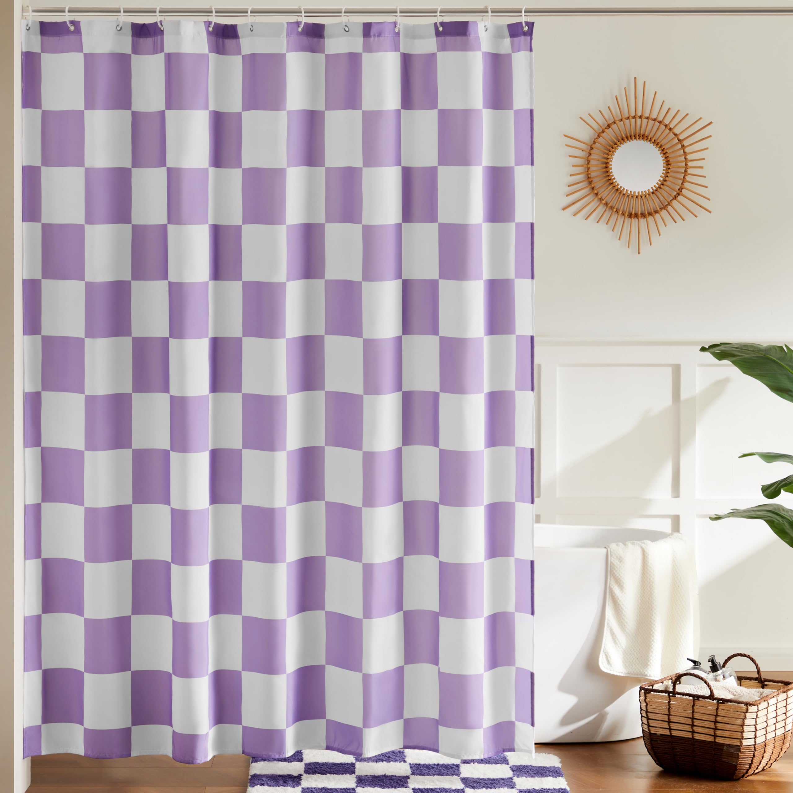 Jolof Store Checkered Shower Curtain – Purple Retro Waterproof Polyester