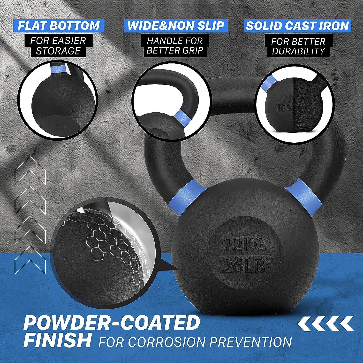 Yes4All Powder Coated Cast Iron Kettlebell - 12 kg Weight, Blue