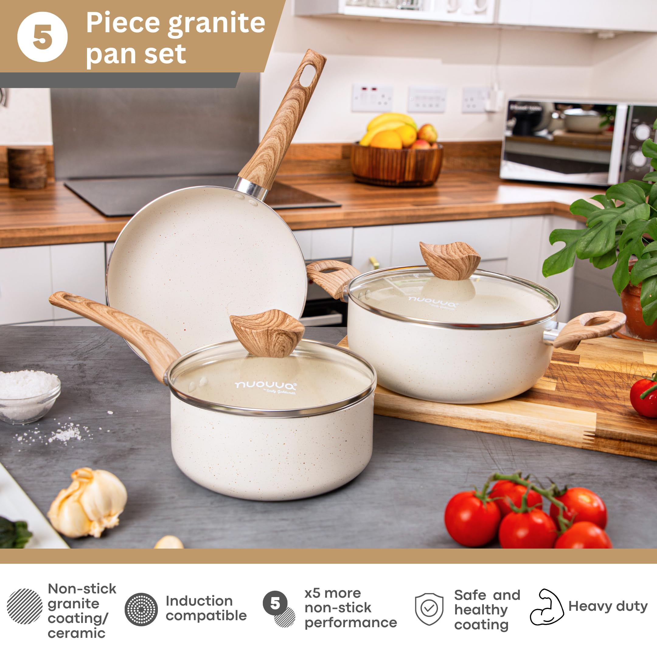 Nuovva 5pc Non-Stick Cookware Set – Cream Granite Induction Pots and Pans