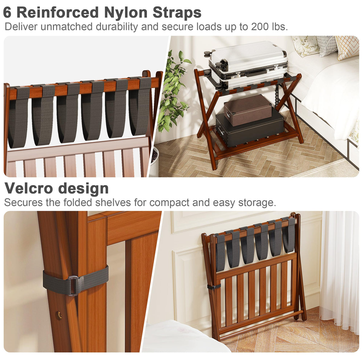 BAMBOOHOMIE Bamboo Luggage Rack for Guest Room, 26.77" Folding Wide Suitcase Stand with Storage Shelf - image 5