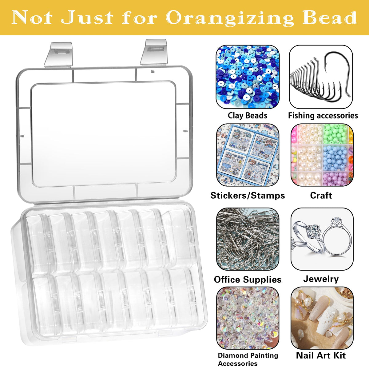 Mathtoxyz Bead Organiser Storage Box, 15 Pcs Small Plastic Storage Boxes Clear Clay Beads Storage Containers Case with Hinged Lid and Rectangle for - image 5