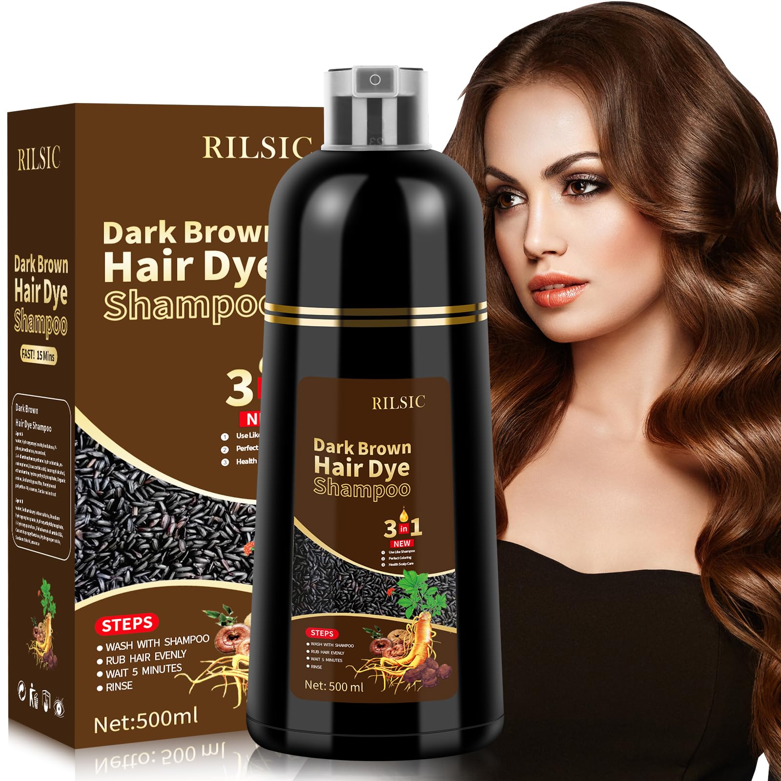 GFEUGS Dark Brown Hair Dye Shampoo 3-in-1 for Gray Hair & Beard - 500ML