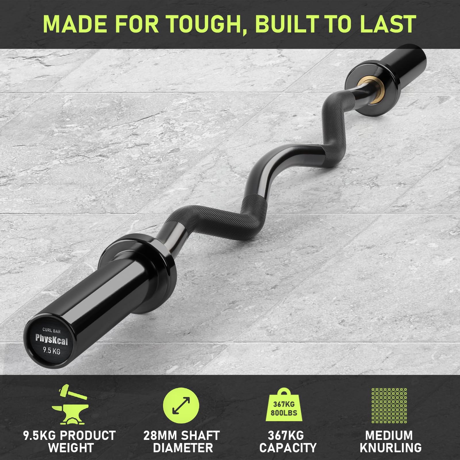 PhysKcal 47 Inch EZ Curl Bar - Olympic Weight Lifting Bar for Biceps, Black