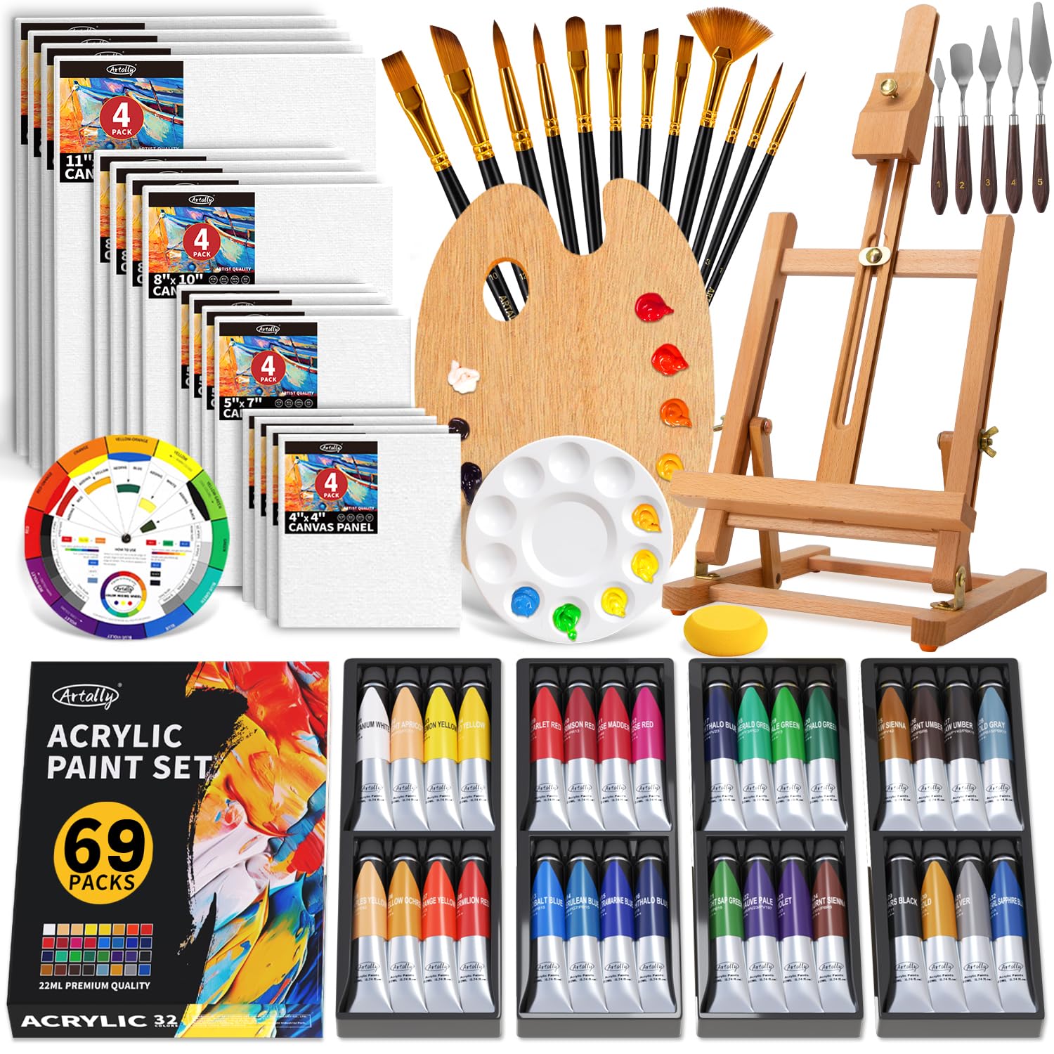 ARTALLY 69-Piece Acrylic Paint Set with Tabletop Easel and 32 Colors