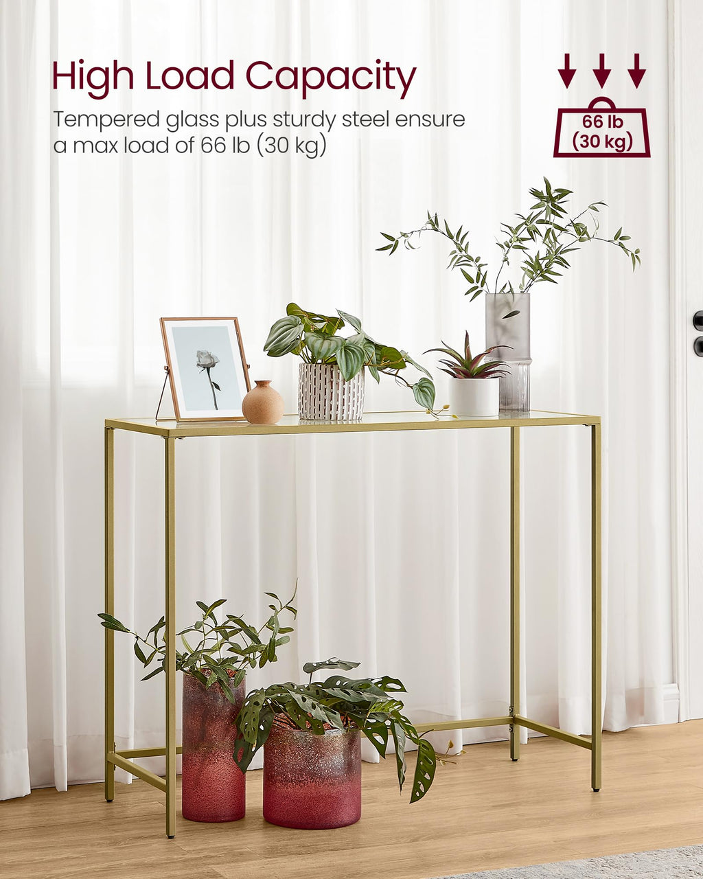 VASAGLE Gold Console Table – Tempered Glass Top & Metal Frame