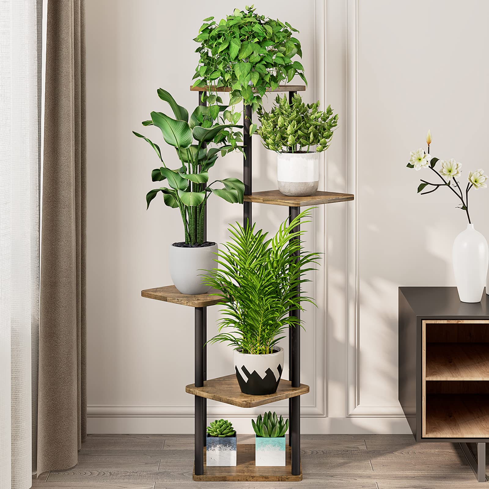AZERPIAN 5-Tier Metal Plant Stand | Tall Corner Flower Shelf for Indoor