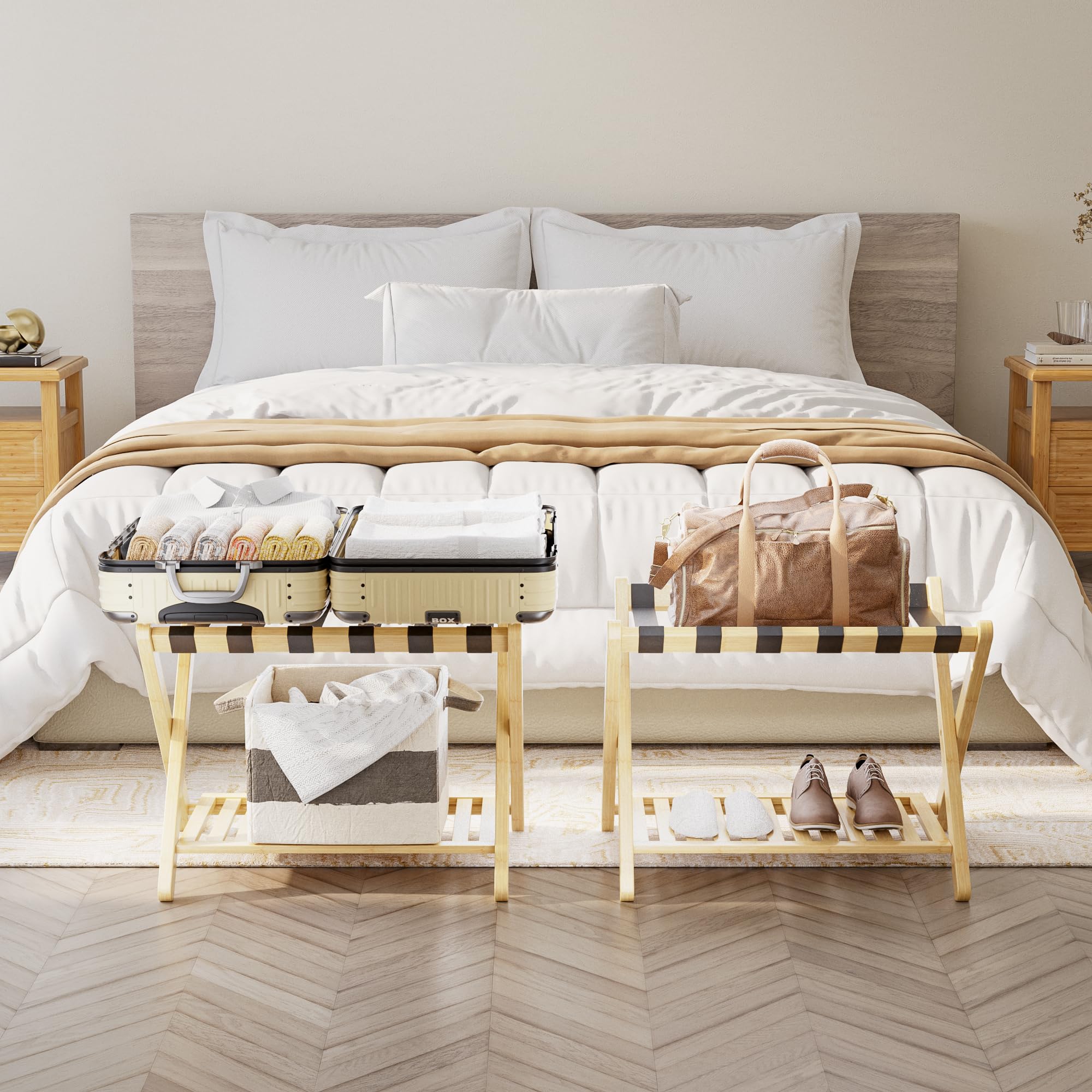 SMIBUY Foldable Bamboo Luggage Rack with Storage Shelf - Heavy-Duty Stand