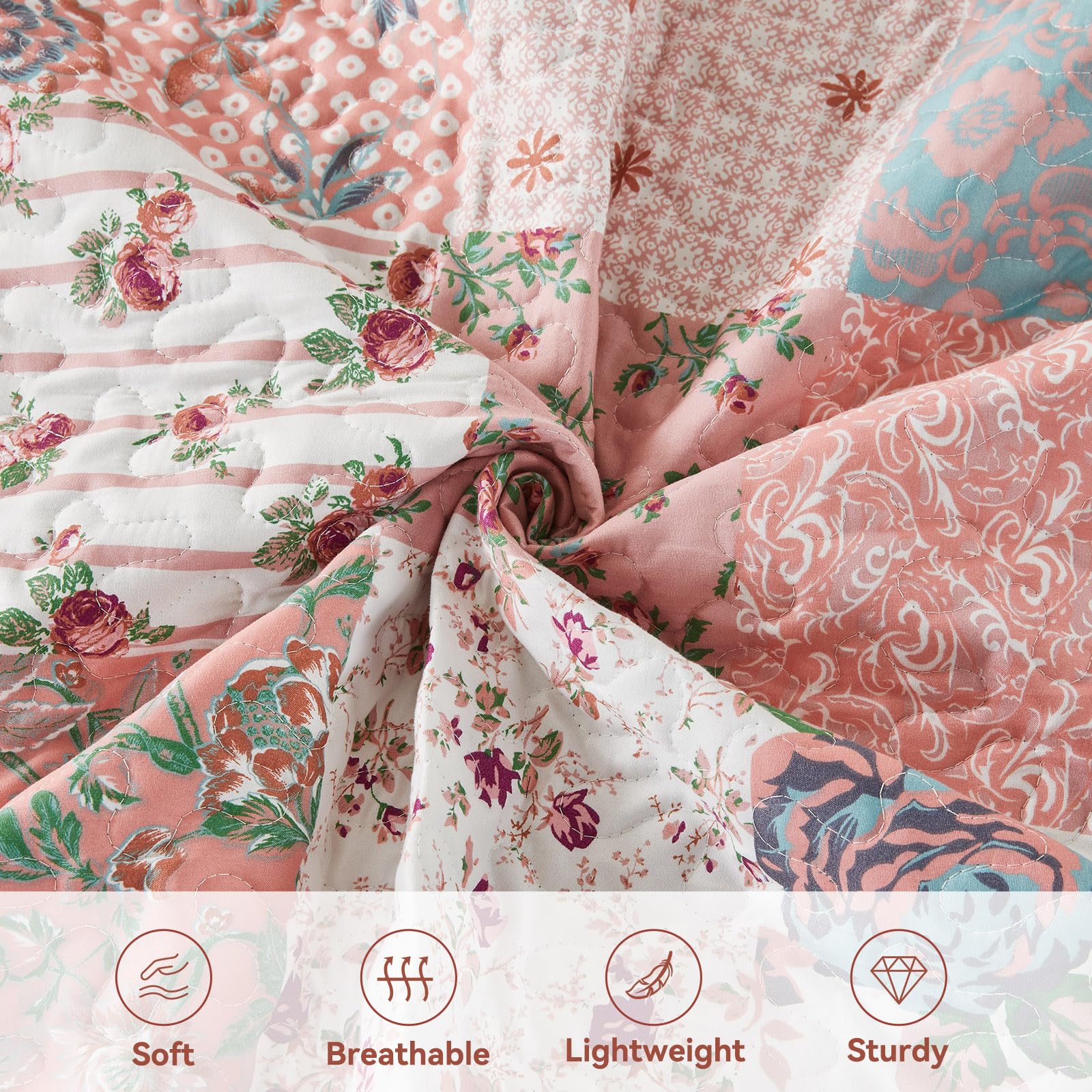 Qucover King Patchwork Quilt Set – Floral Lightweight Summer Bedspread
