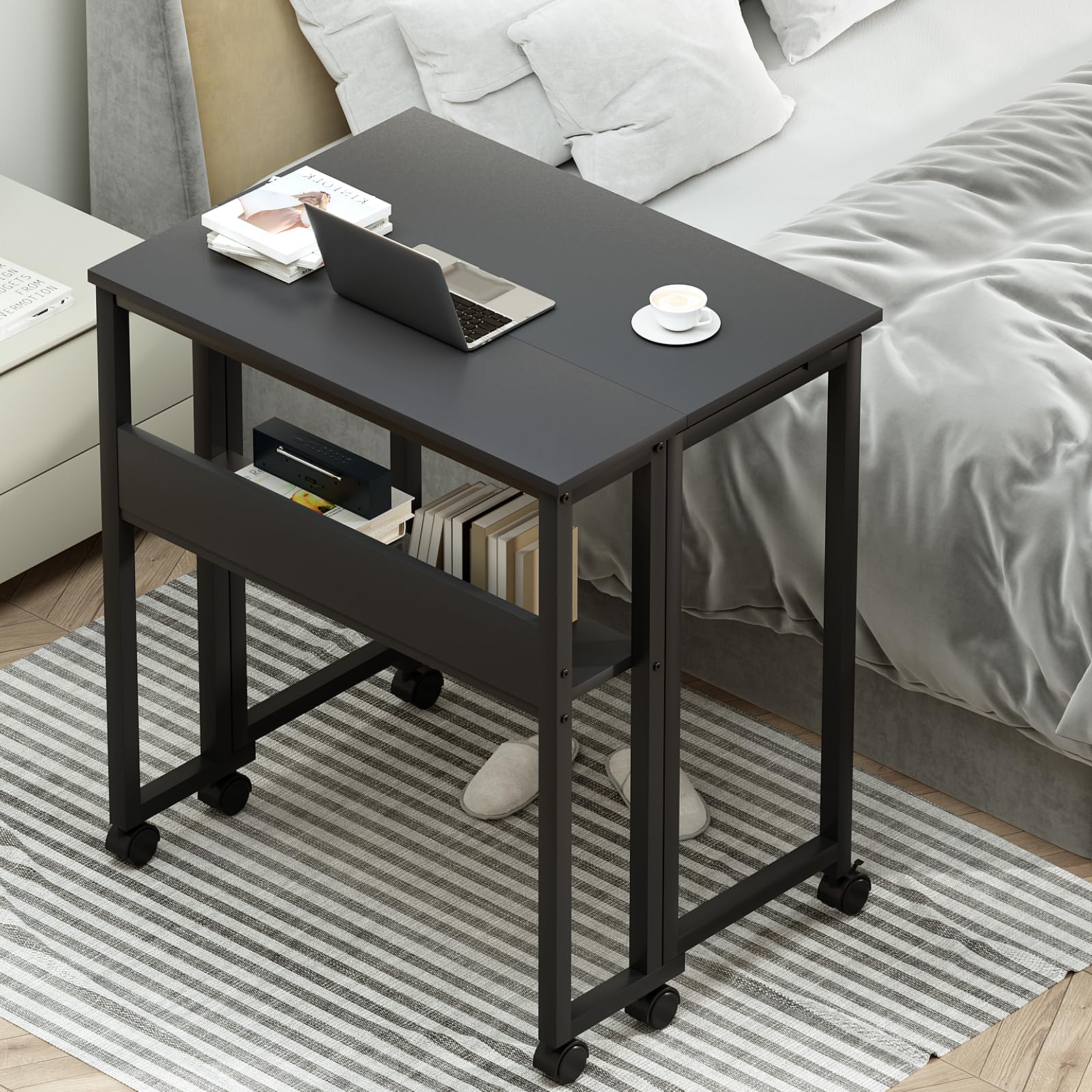 GreenForest Small Folding Desk with Storage Shelf - Rolling Computer Desk
