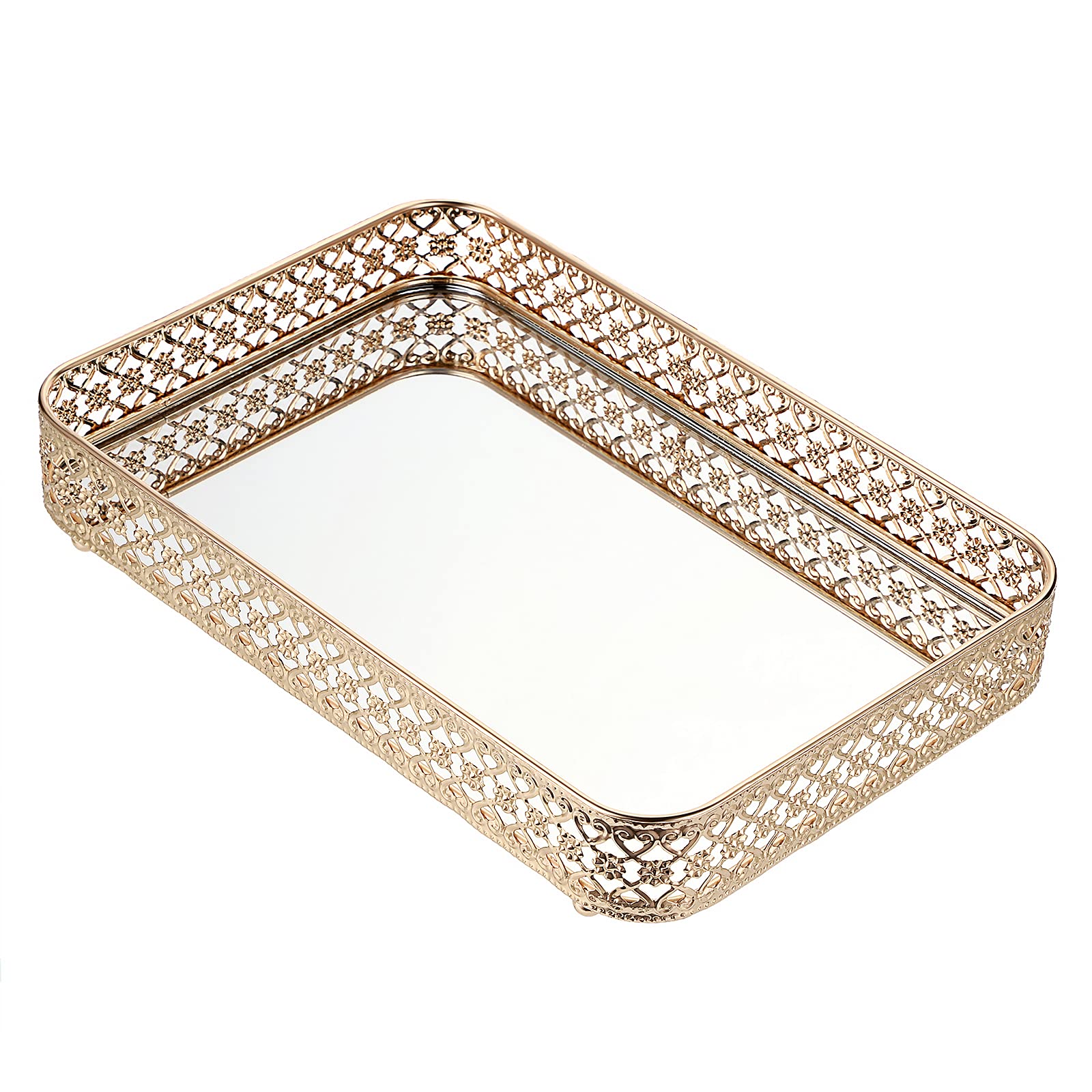 BSTKEY Gold Mirror Vanity Tray – 30x20cm Metal Jewelry & Makeup Organizer