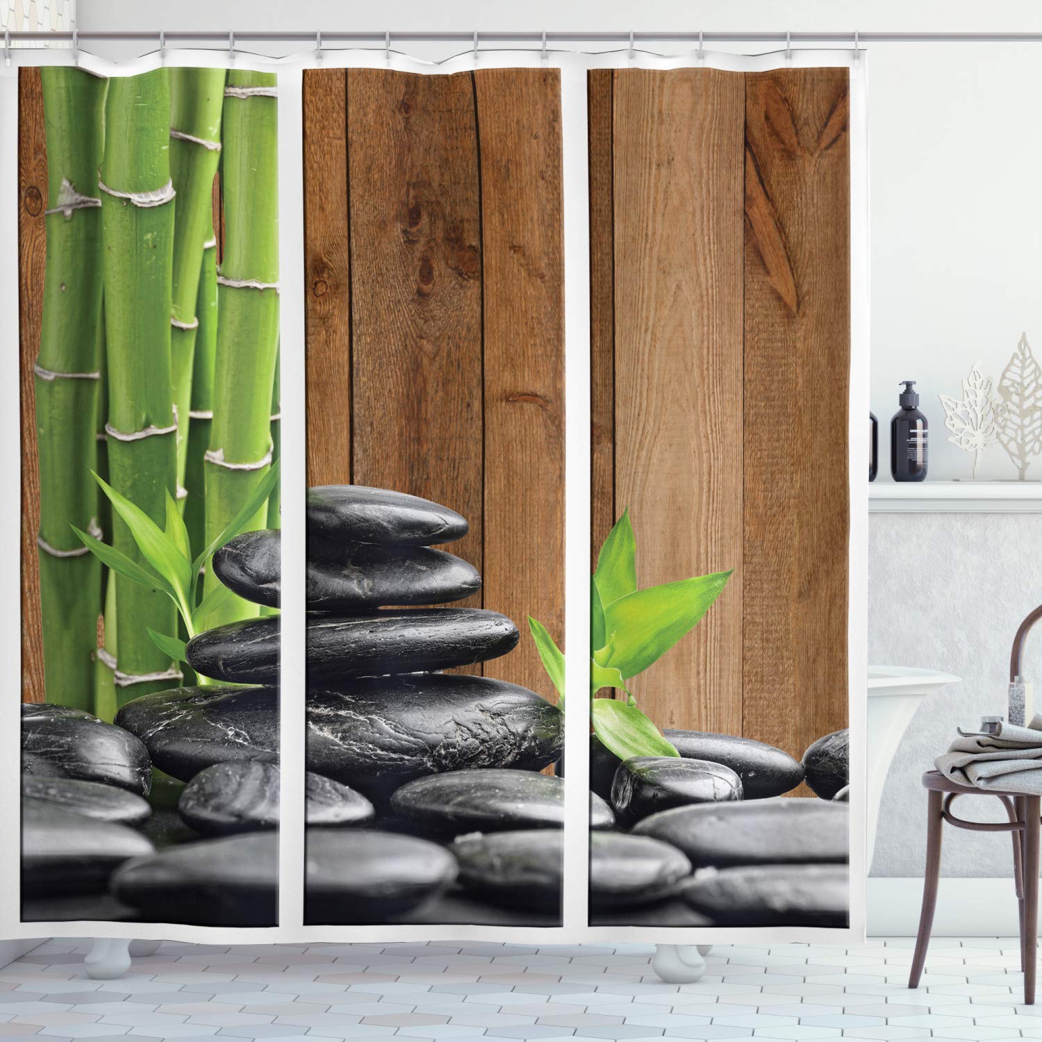 ABAKUHAUS Stones Shower Curtain | Bamboo & Spa Rocks Fabric Decor | 94" Long
