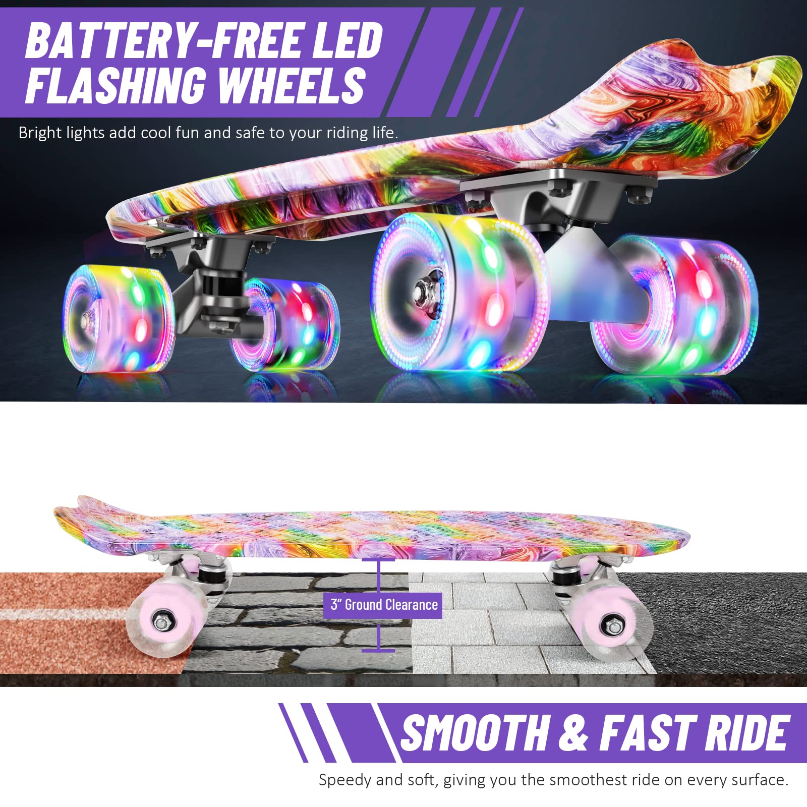 BELEEV 22 Inch Cruiser Skateboard with LED Light Up Wheels for Beginners