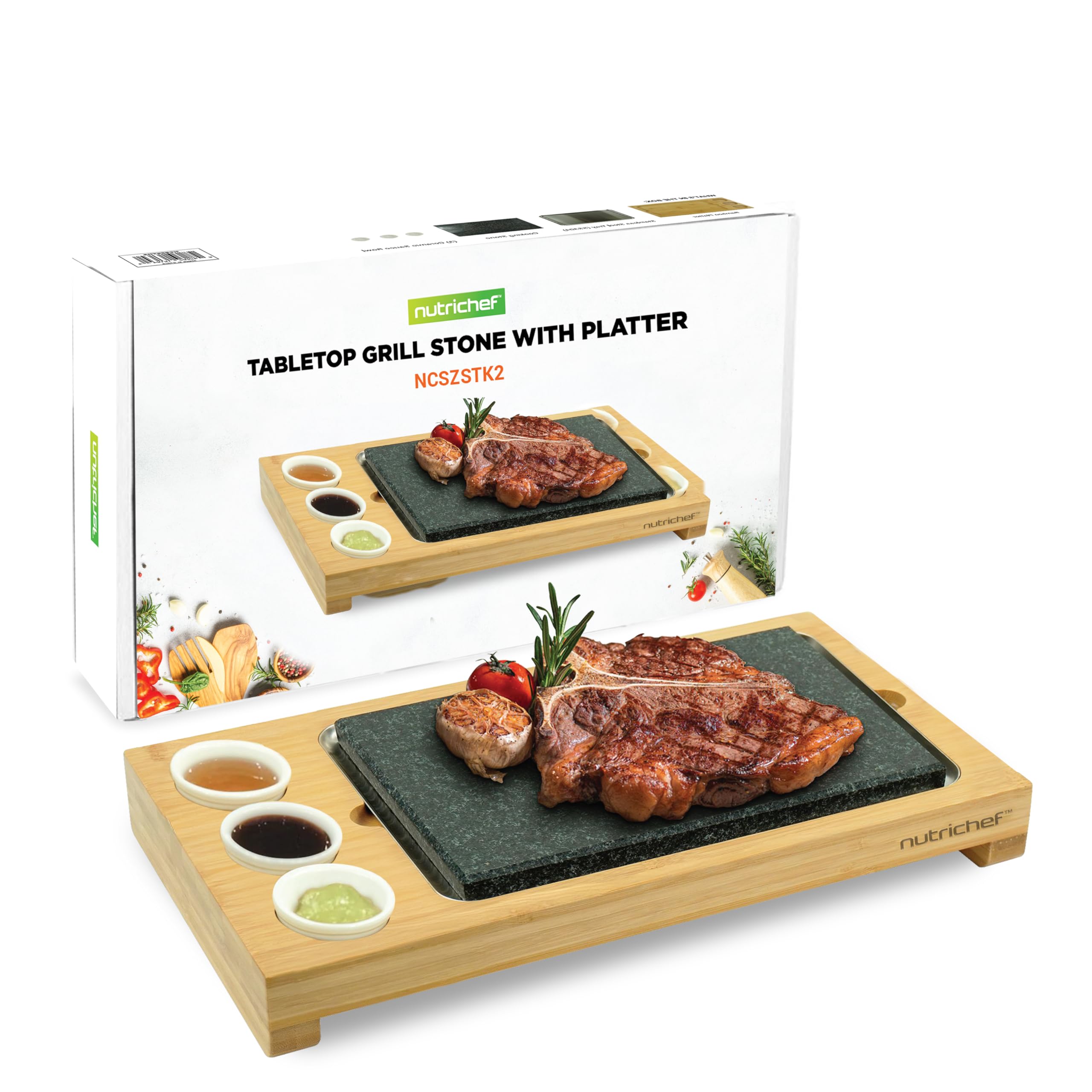 NutriChef Steak Stone Grill Set – Granite Searing Stone with Bamboo Tray