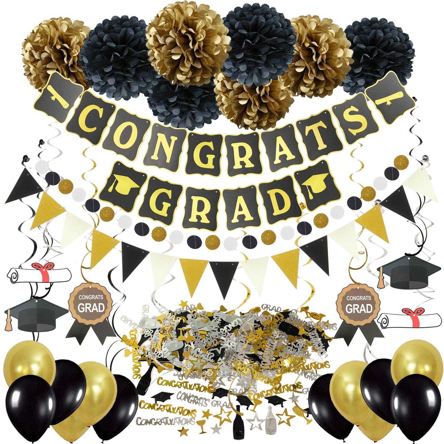 ZERODECO Graduation Party Decorations Kit - Black and Gold Congrats Grad Set