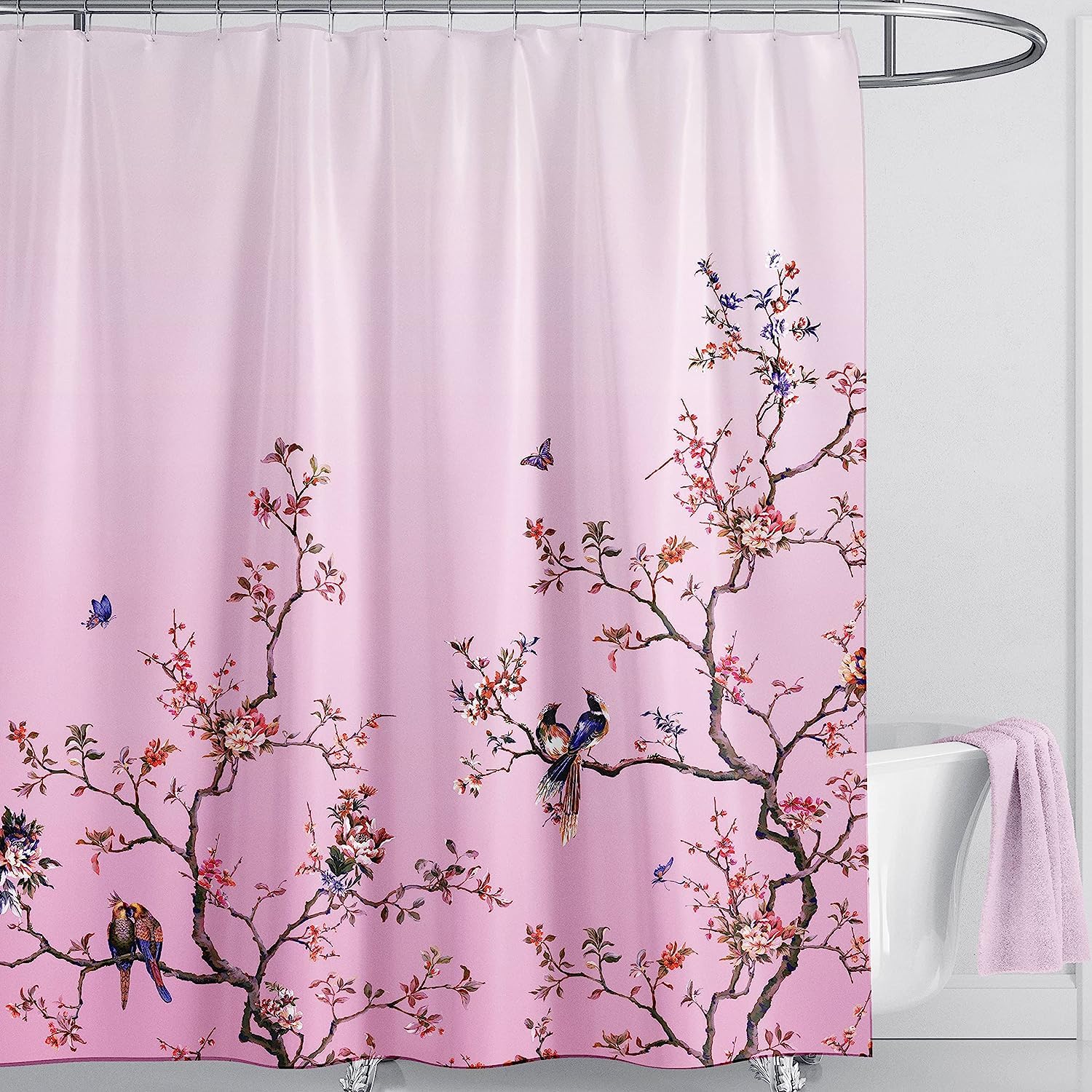 LIVETTY Pink Bird Floral Shower Curtain | 180x200cm Waterproof Fabric