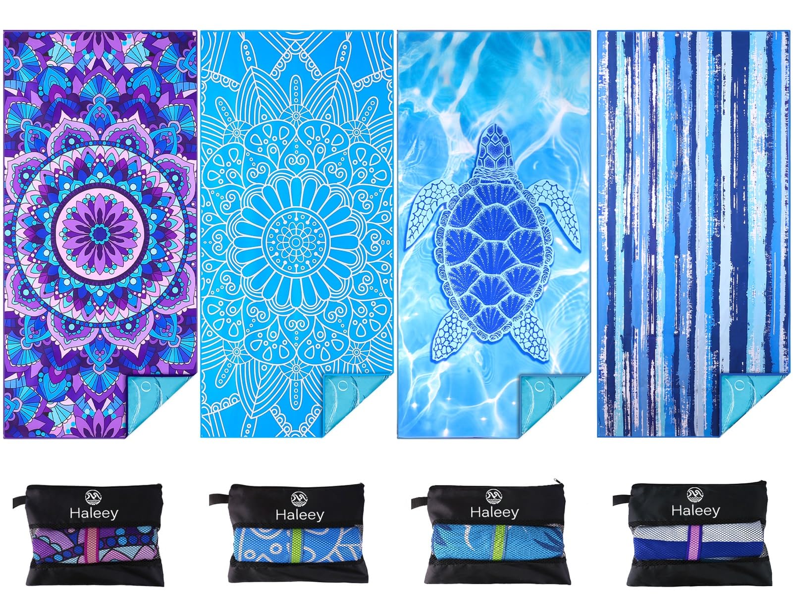 Haleey 4 Pack Microfibre Beach Towel | 180x80cm Sand Free Travel Towels
