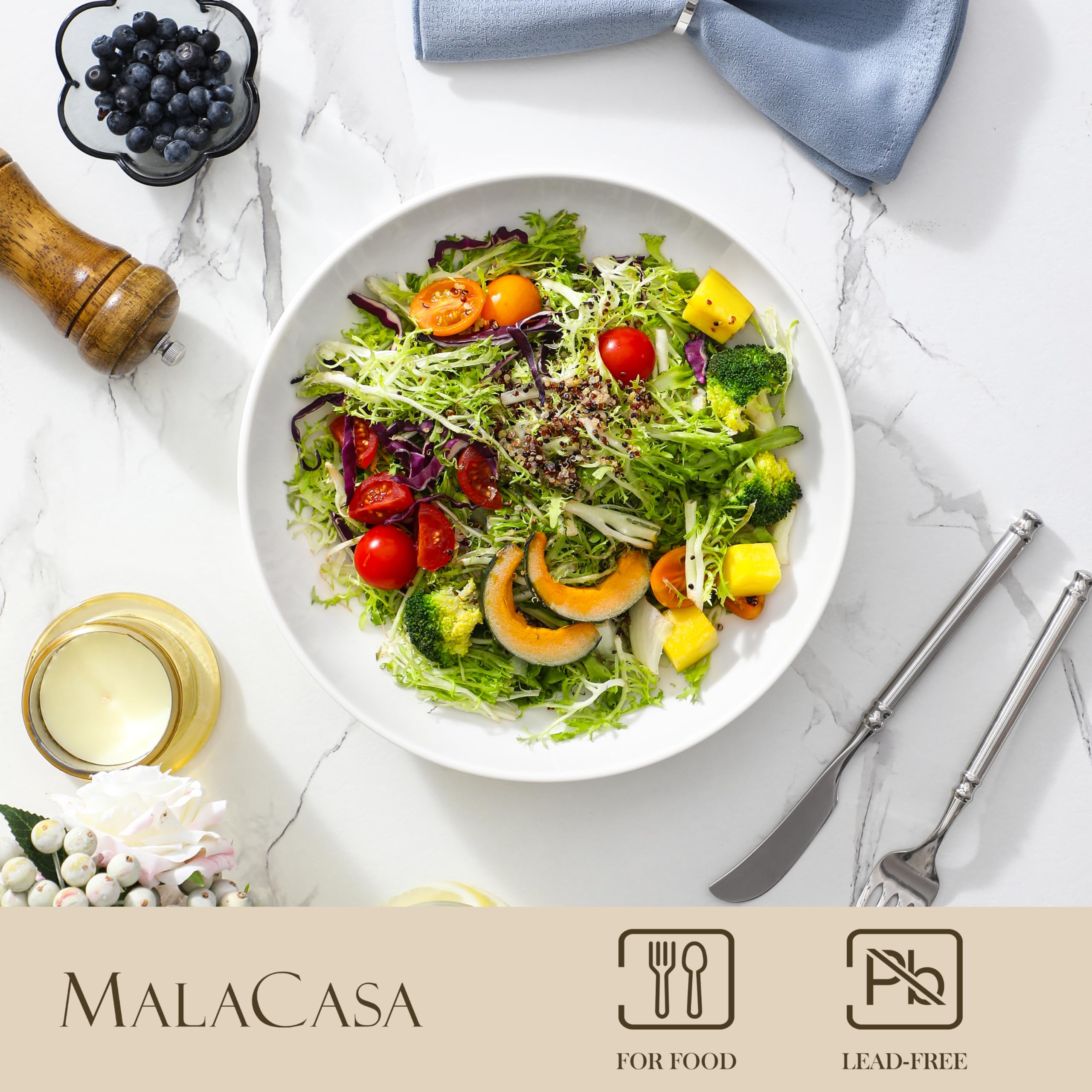 MALACASA 10 Inch Large Pasta Bowls - Set of 4 White Ceramic Salad Bowls