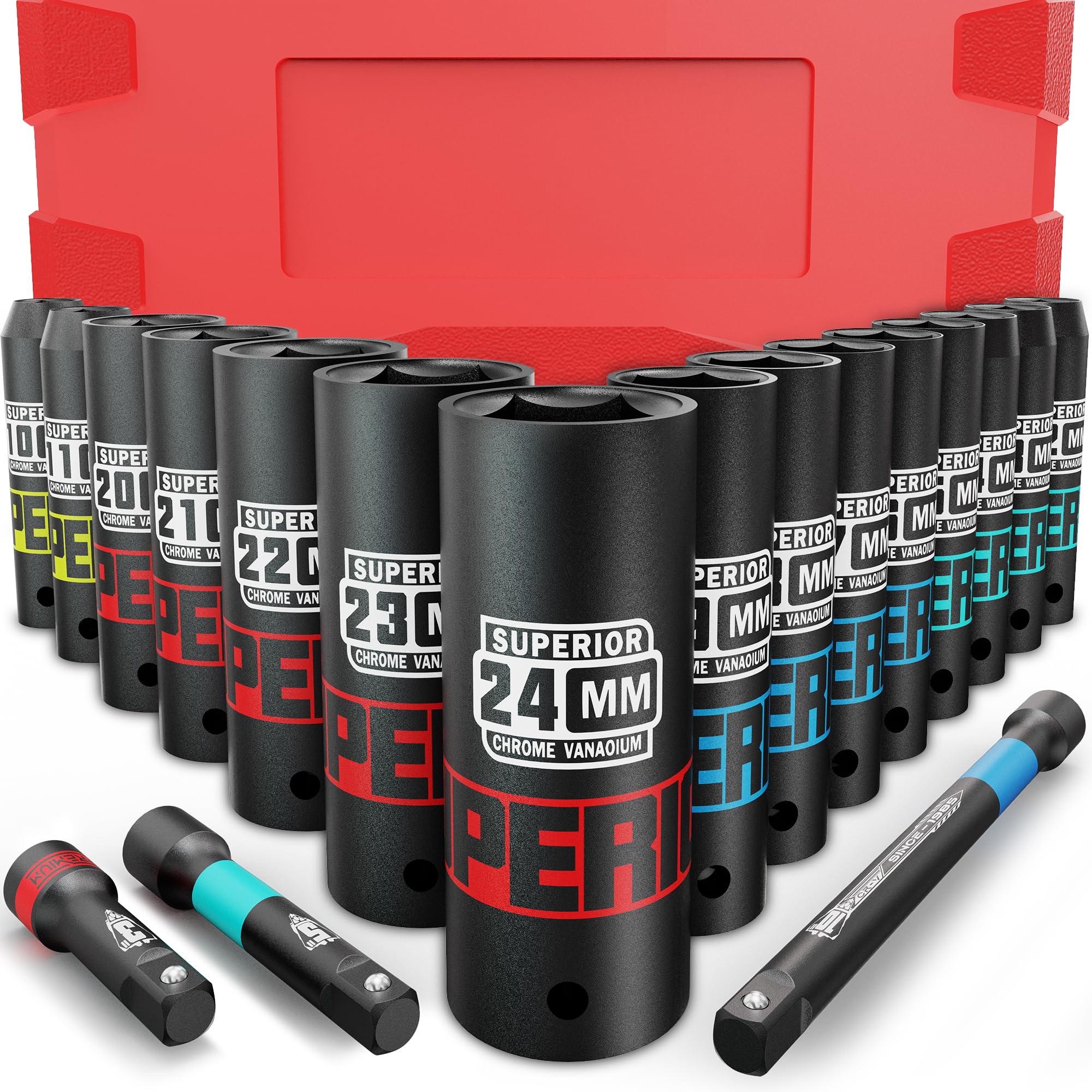 KIRXST 1/2 Inch Drive Impact Socket Set | 18 Piece Metric Deep Sockets