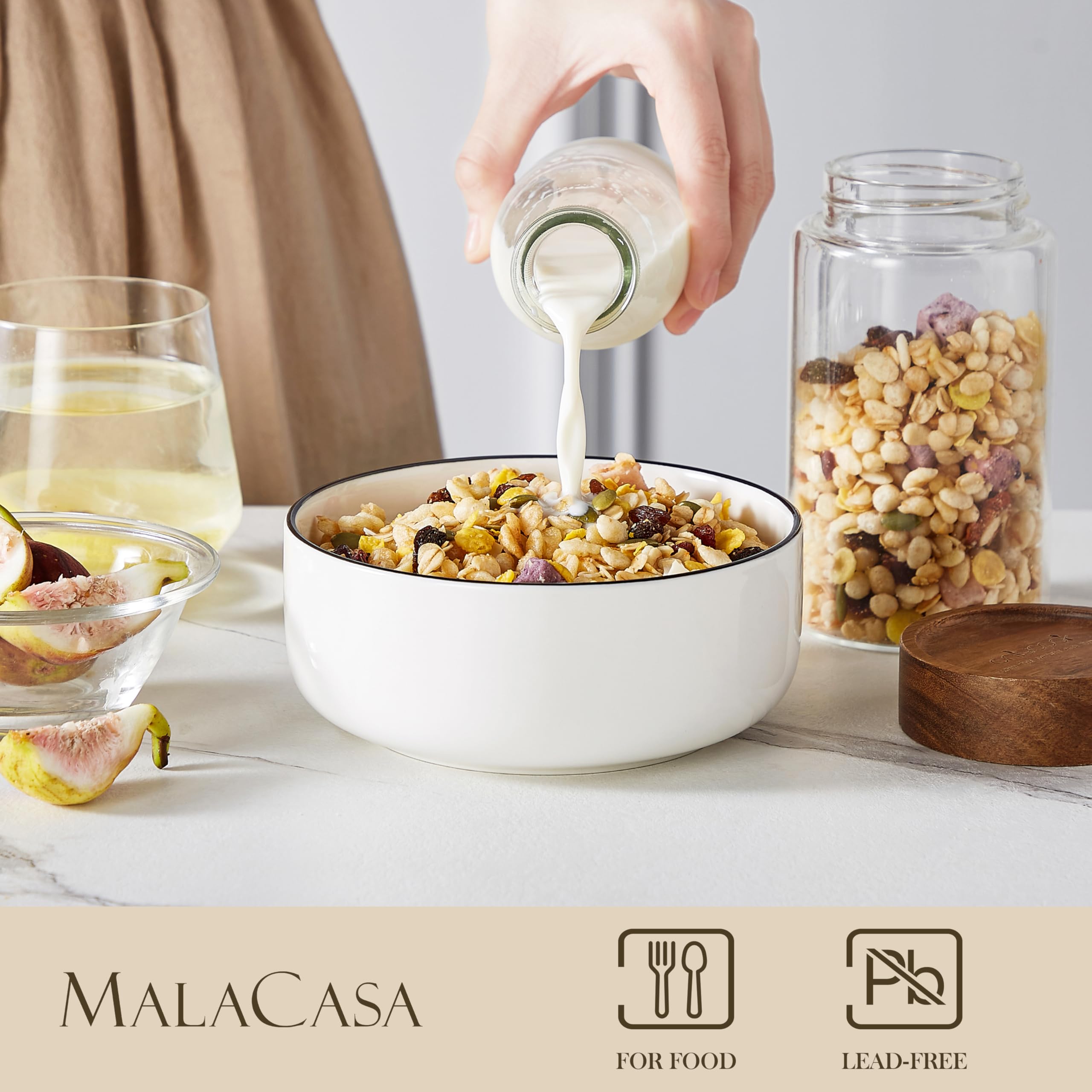 MALACASA 24 oz Cereal Bowls Set of 6 | Porcelain Soup & Salad Bowls