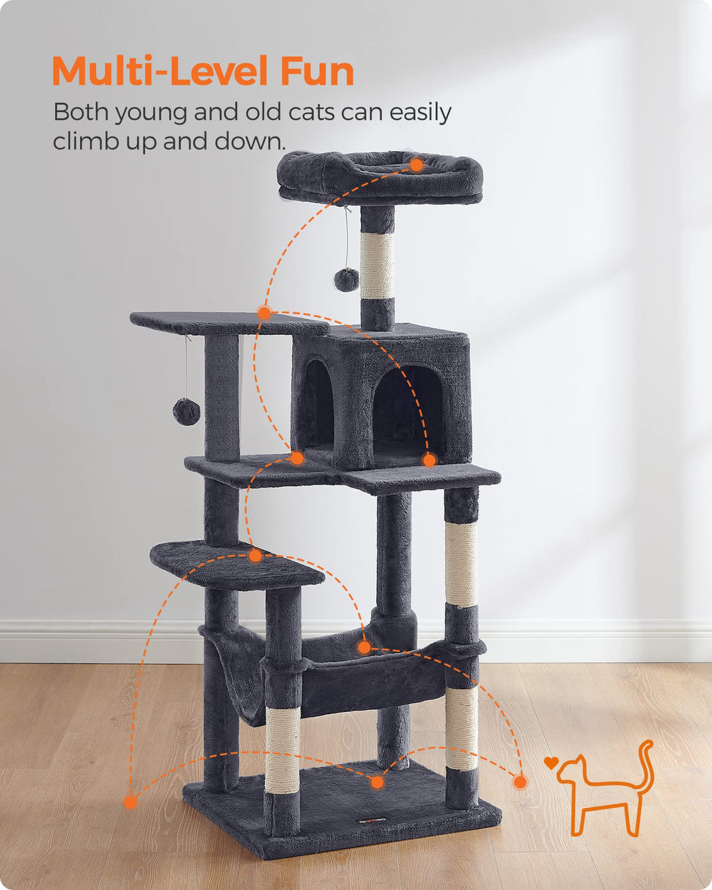 Feandrea 143cm Cat Tree | Multi-Level Plush Cat Tower with Condo & Hammock