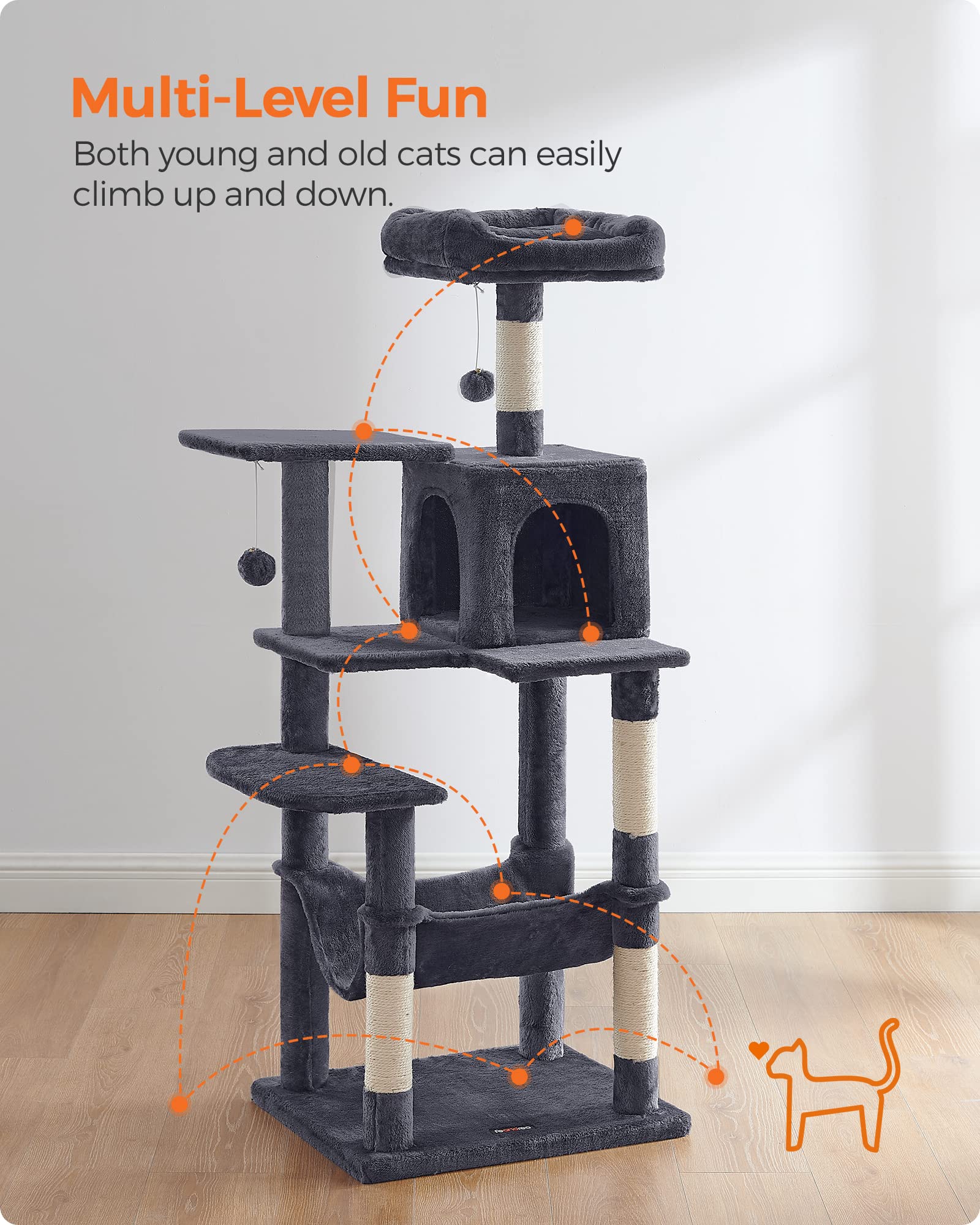 Feandrea 143cm Cat Tree | Multi-Level Plush Cat Tower with Condo & Hammock