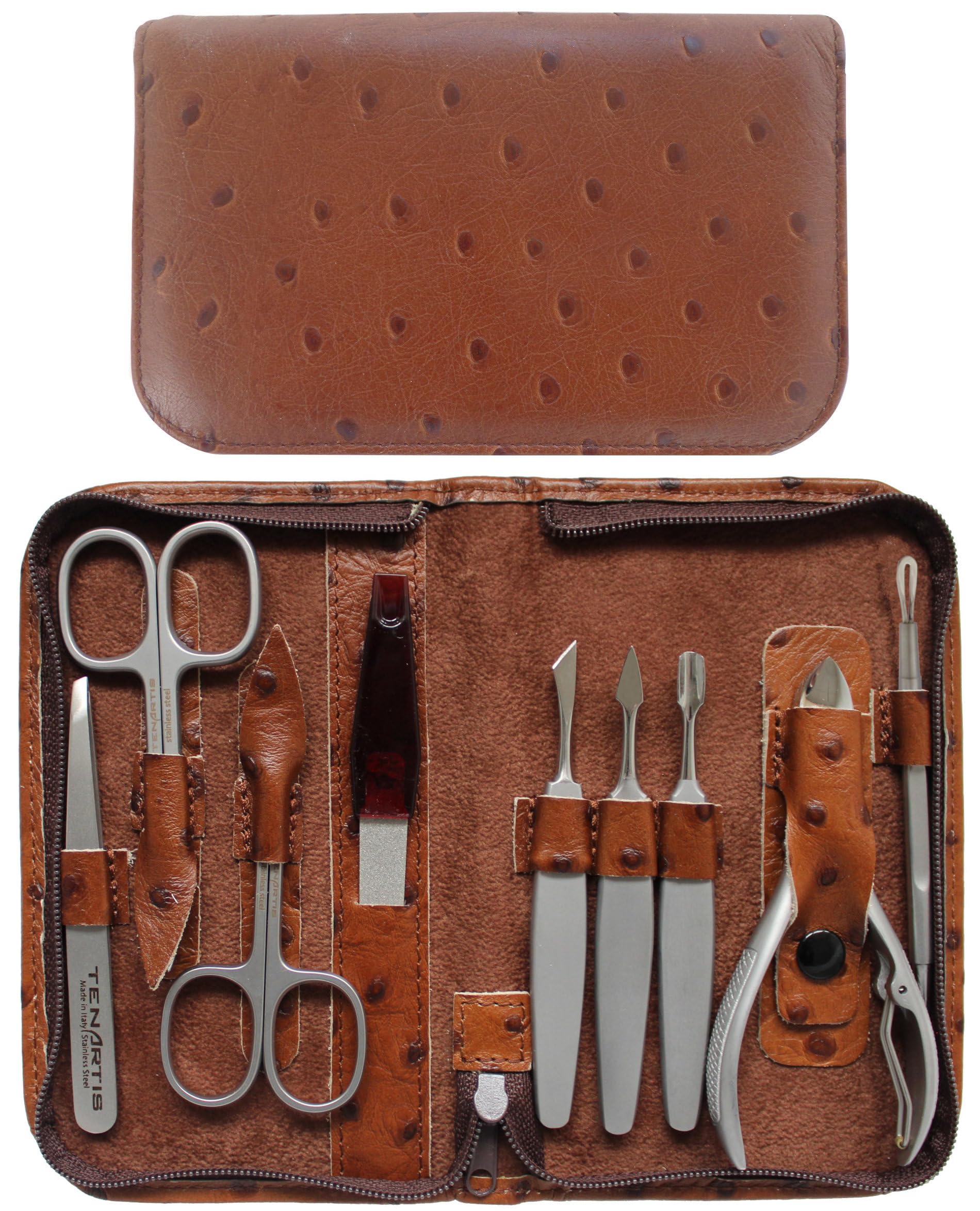 Tenartis 9-Piece Stainless Steel Manicure Set – Brown Leather Case