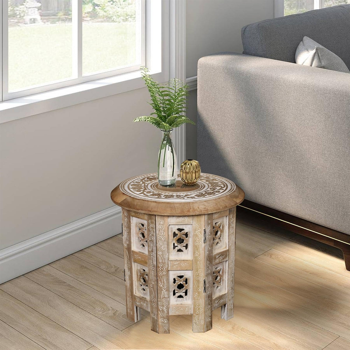 topfurnishing Beautiful Round Hand Carved Indian Shesham Wooden Coffee Table Side Table Beige Small 12"x12"x12" 30.5 cm - image 1