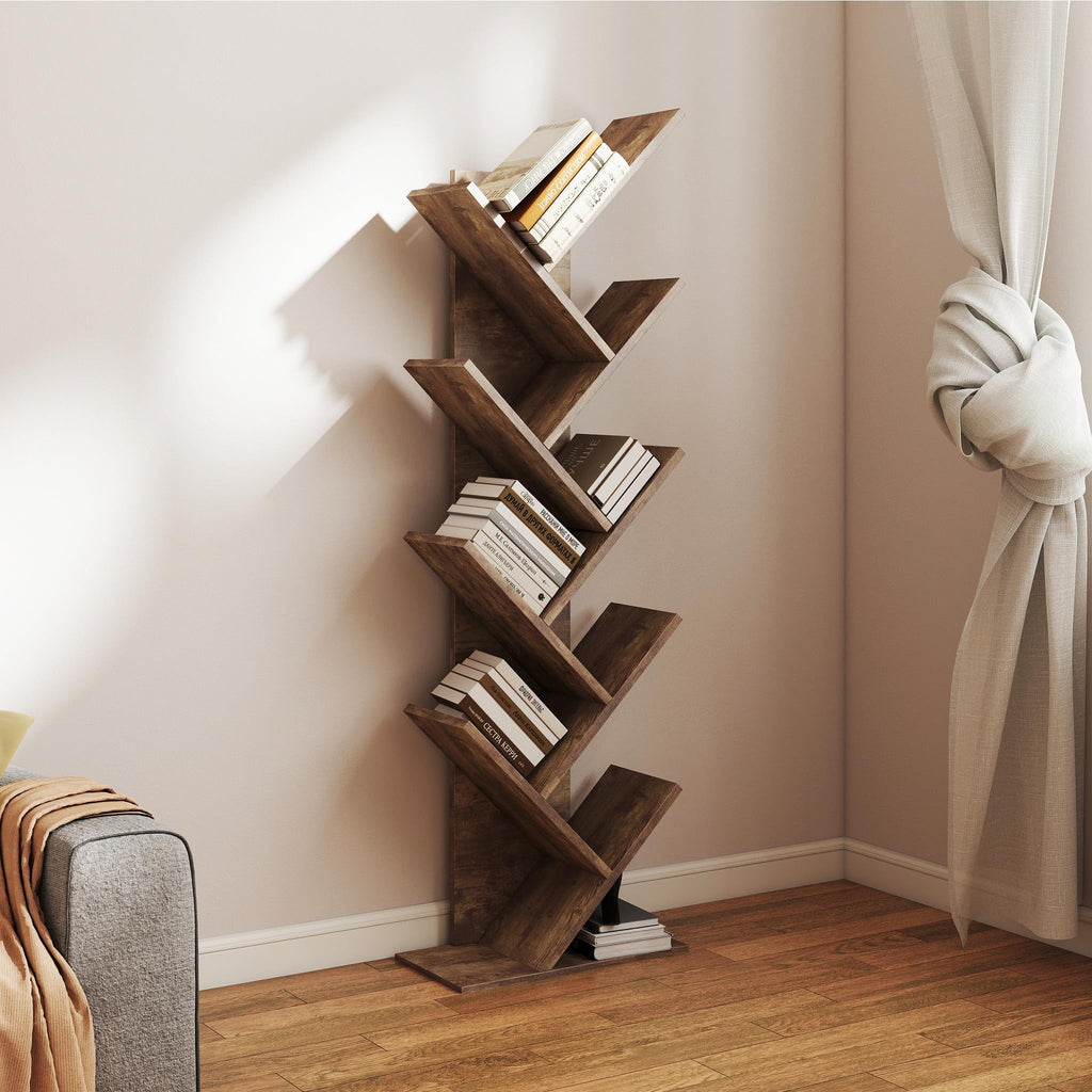 Mondeer Tree Bookshelf, 8 Tier Bookcase Free Standing, Rustic Brown - image 2