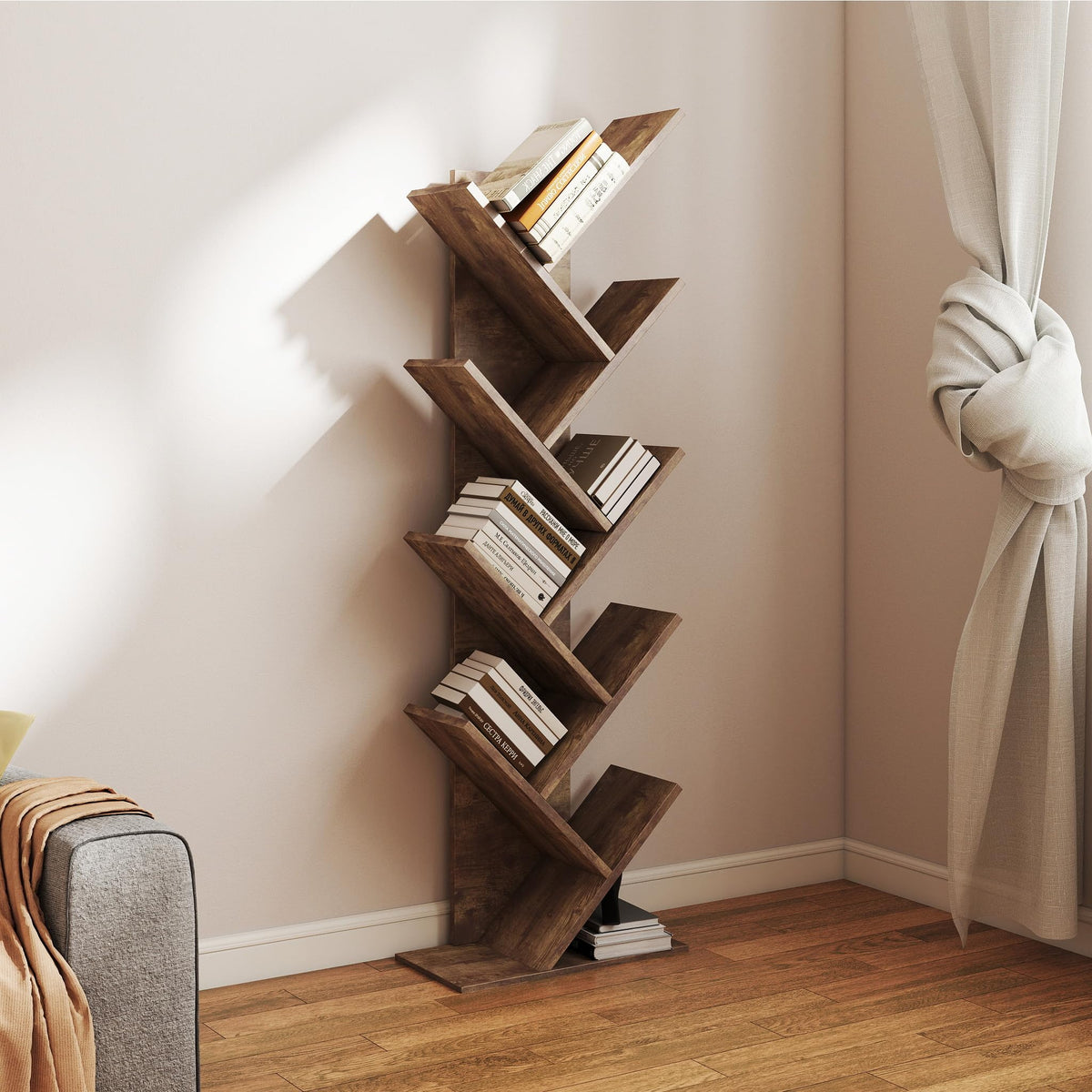 Mondeer Tree Bookshelf, 8 Tier Bookcase Free Standing, Rustic Brown - image 2