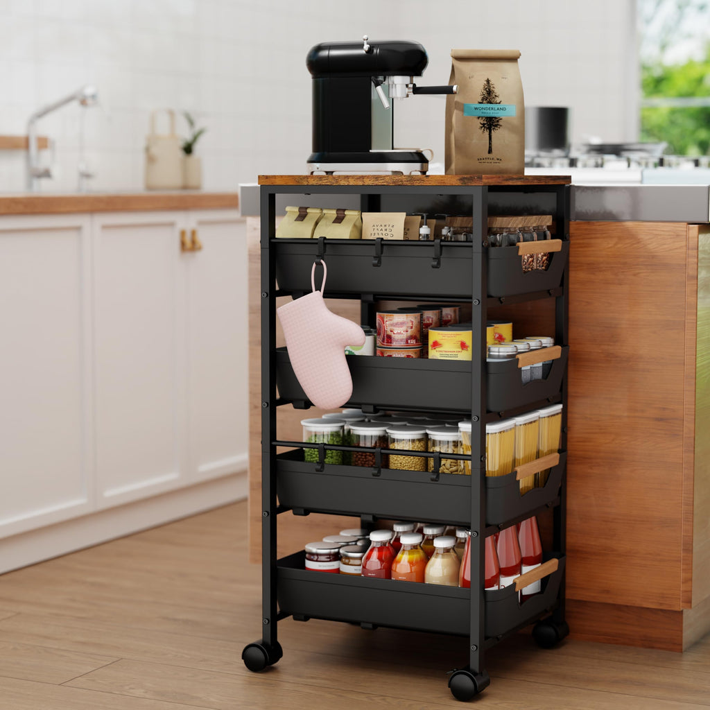 Uwoodia 5-Tier Slim Storage Trolley on Wheels, Metal Kitchen Rolling Cart with Pull-Out Baskets - image 2