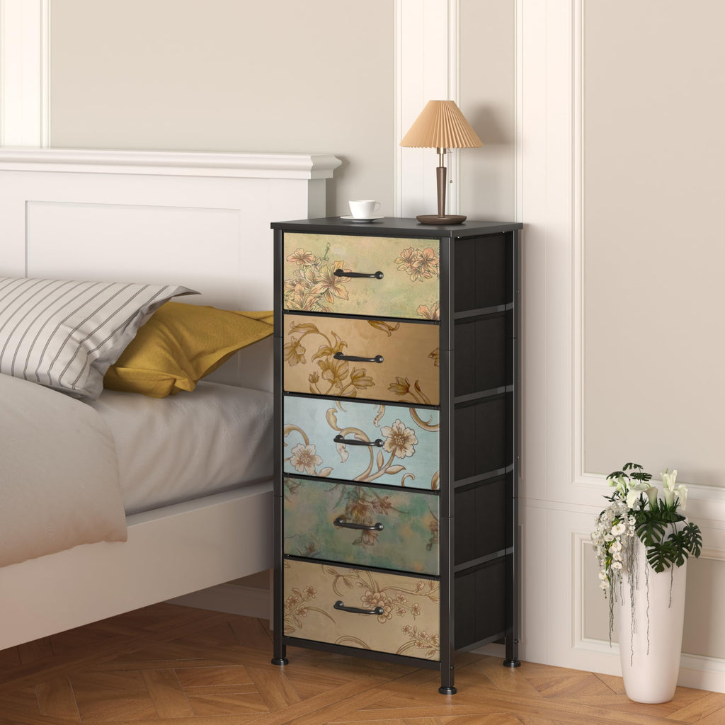 CAIYUN 5-Drawer Floral Fabric Chest – Tall Bedroom Storage Dresser