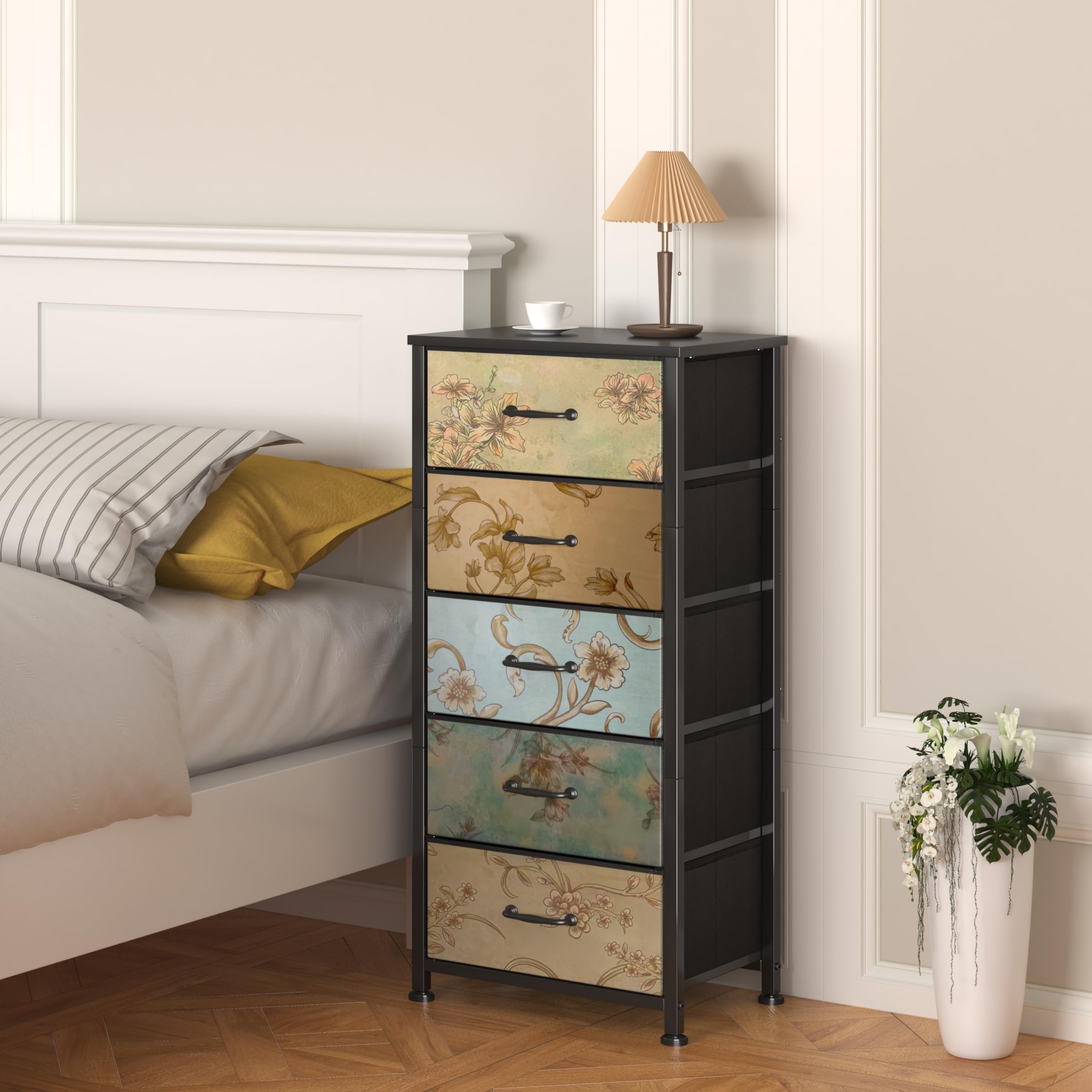 CAIYUN 5-Drawer Floral Fabric Chest – Tall Bedroom Storage Dresser