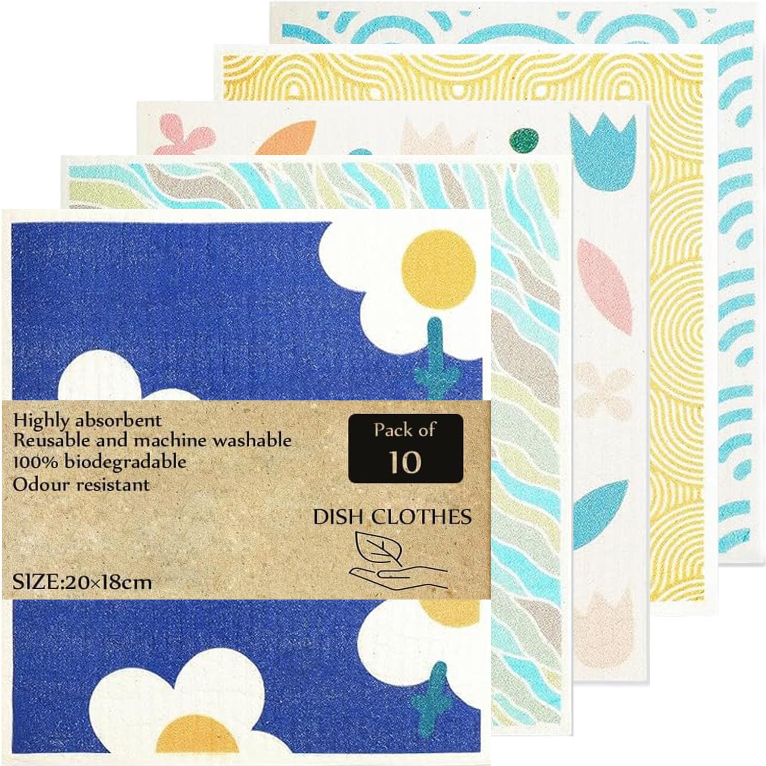 KMAKII Swedish Dishcloths | Reusable Cellulose Sponge Cloths, 10 Pack