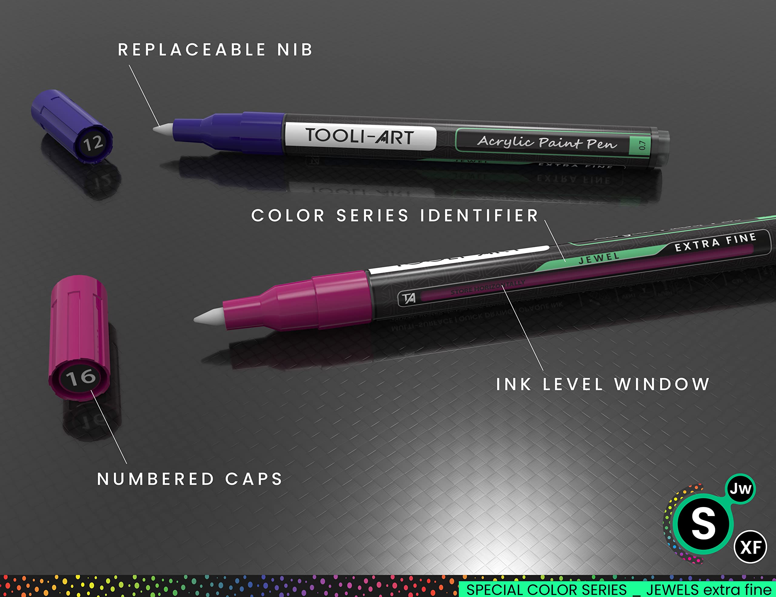 TOOLI-ART Jewel Acrylic Paint Markers – 24 Extra-Fine 0.7mm Pens for Rocks