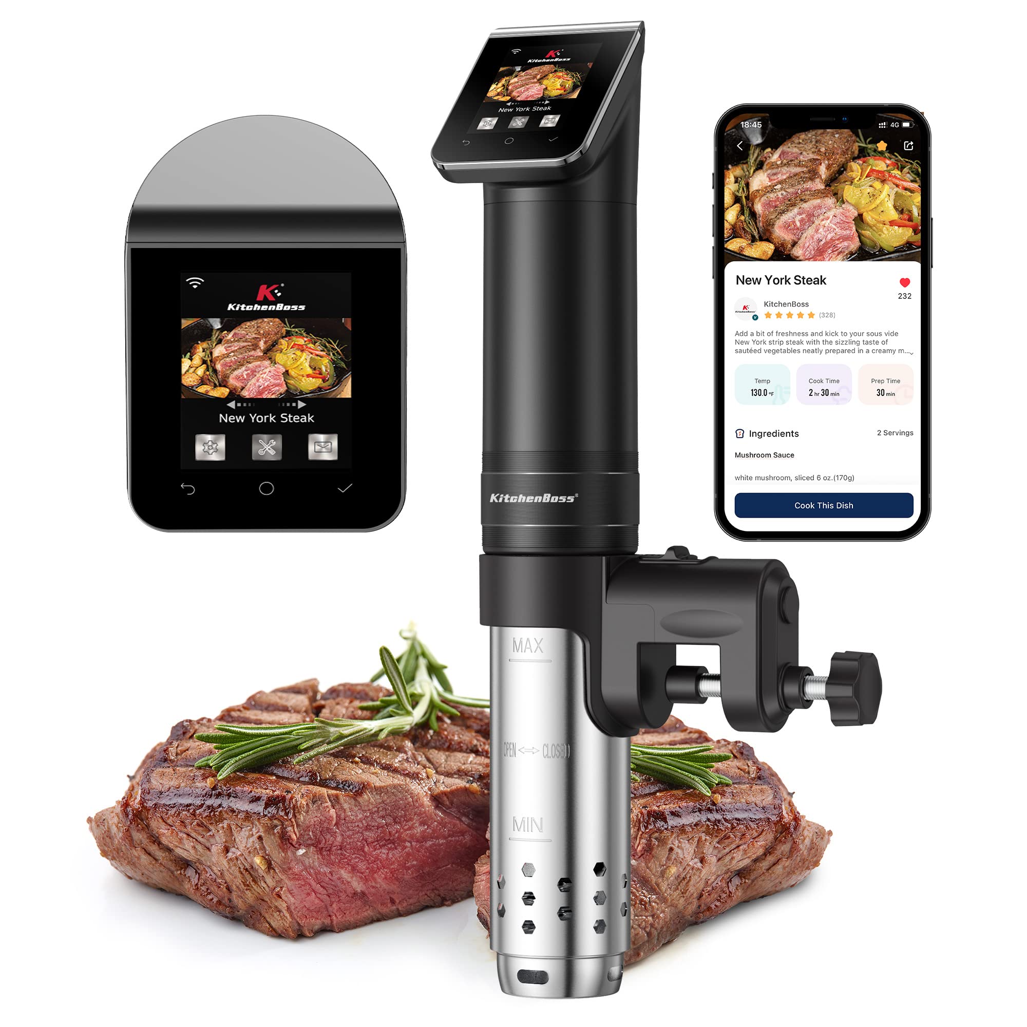 KitchenBoss WiFi Sous Vide Machine – 1100W IPX7 Immersion Circulator